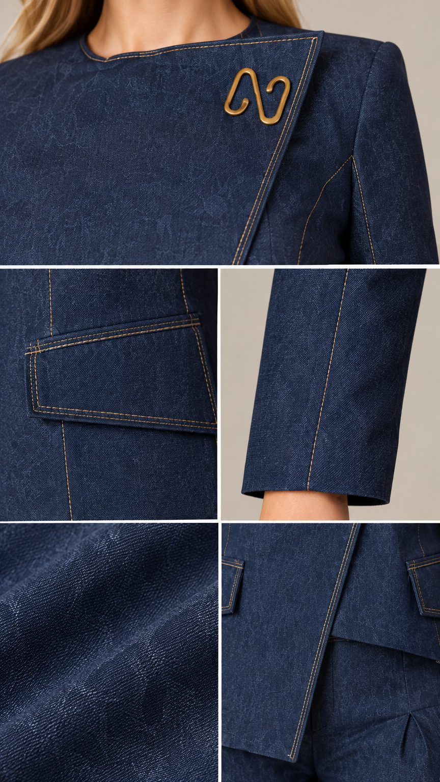 Close-up details of asymmetric neckline, gold accent, flap pocket, and denim-textured fabric