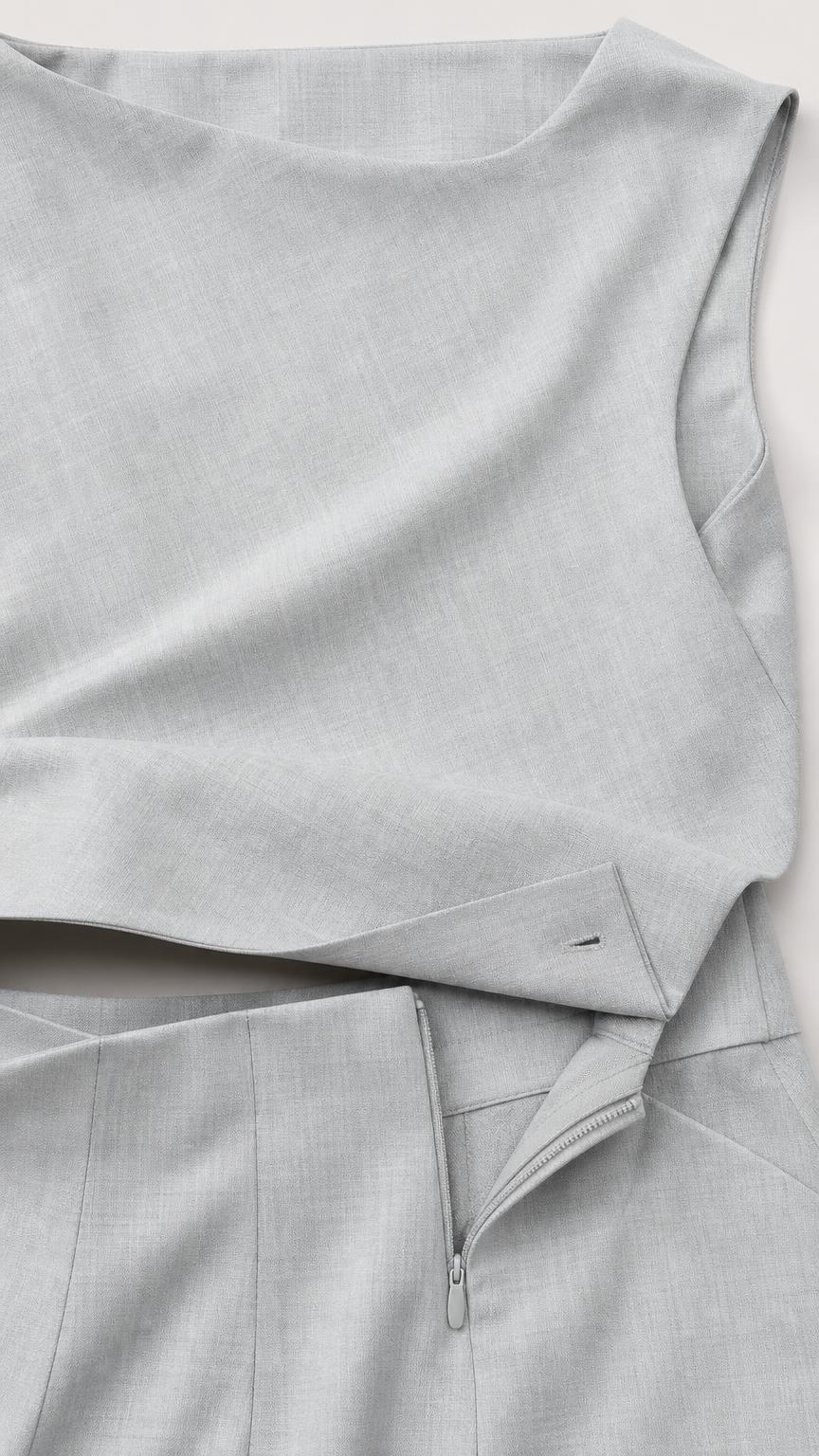 Close-up detail of light blue fabric texture and side zipper