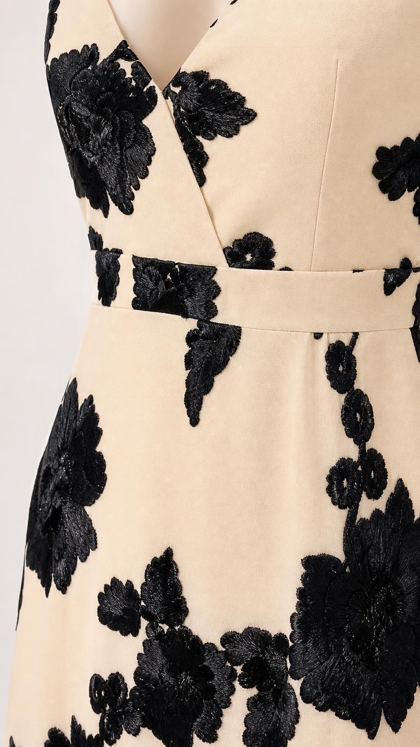 Close up of V-neckline and floral applique details