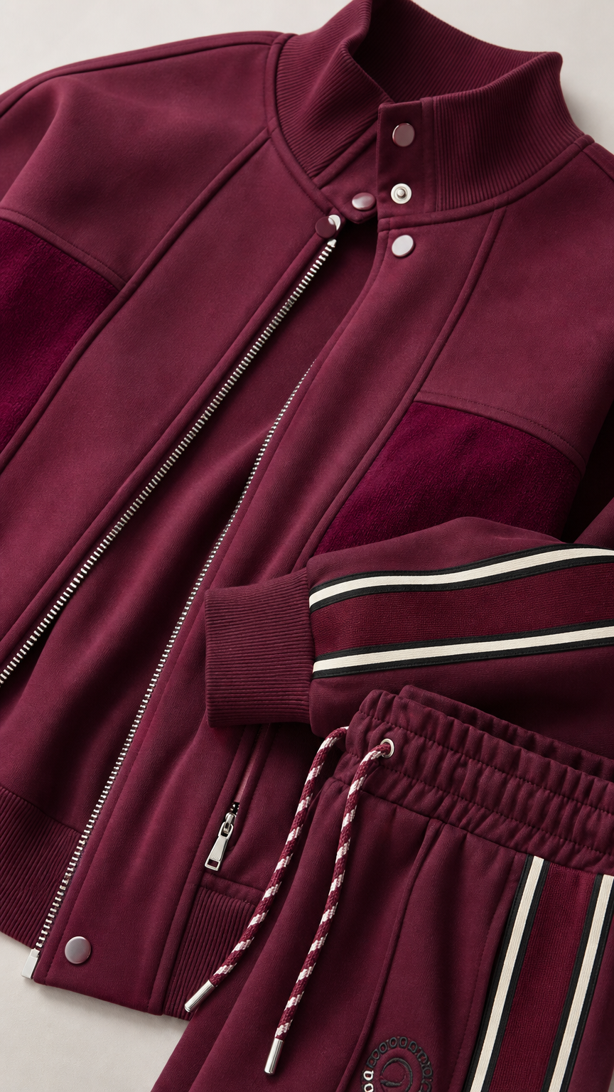 Close-up detail of burgundy tracksuit jacket zipper, ribbed cuffs, and drawstring waistband