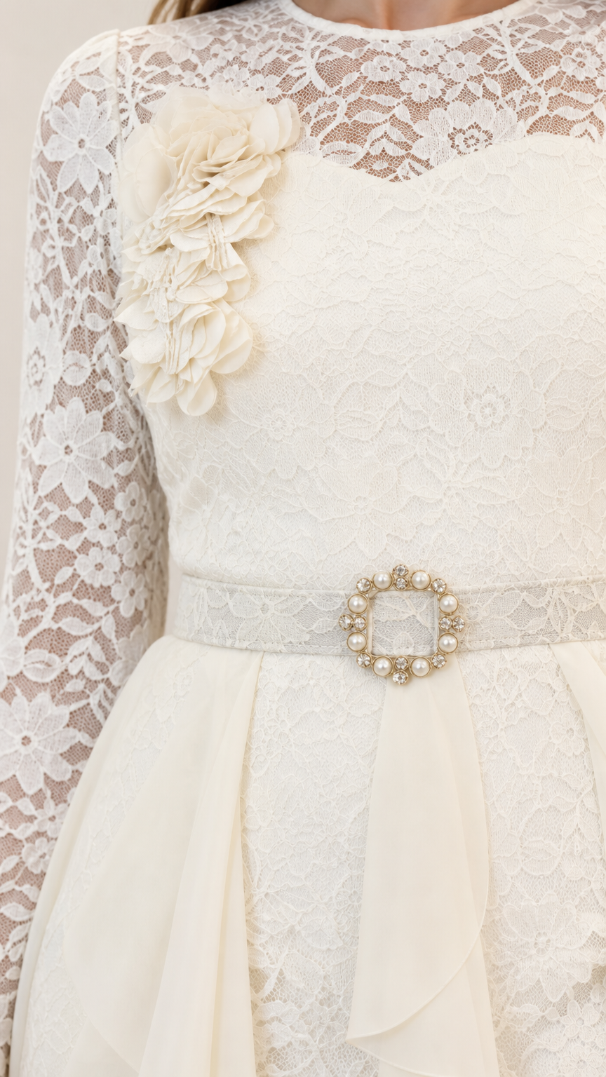 Close-up of off white floral lace bodice with 3D flower applique and jeweled belt buckle