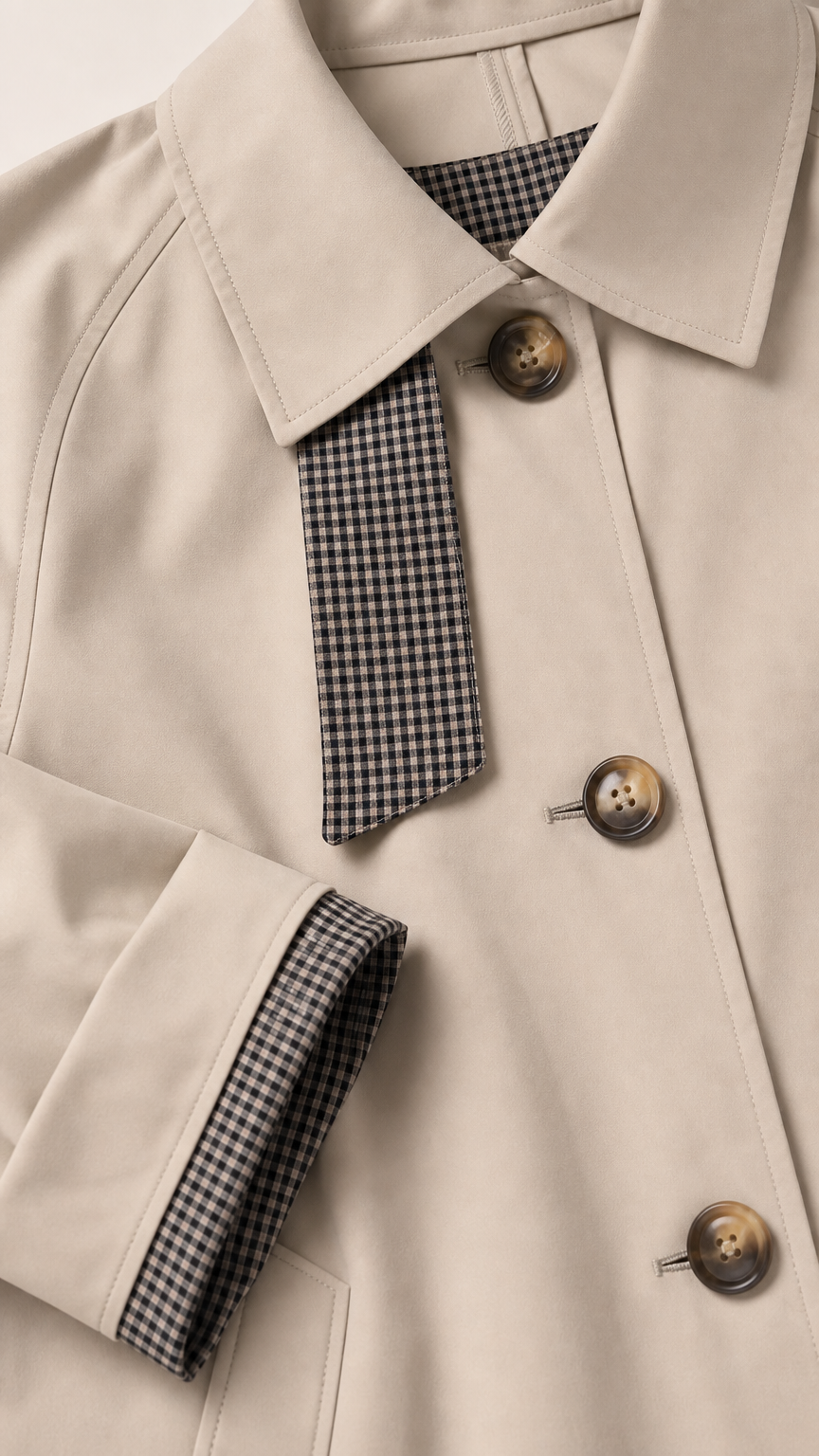 Close-up detail of collar houndstooth tab and check-lined turned cuffs on beige jacket
