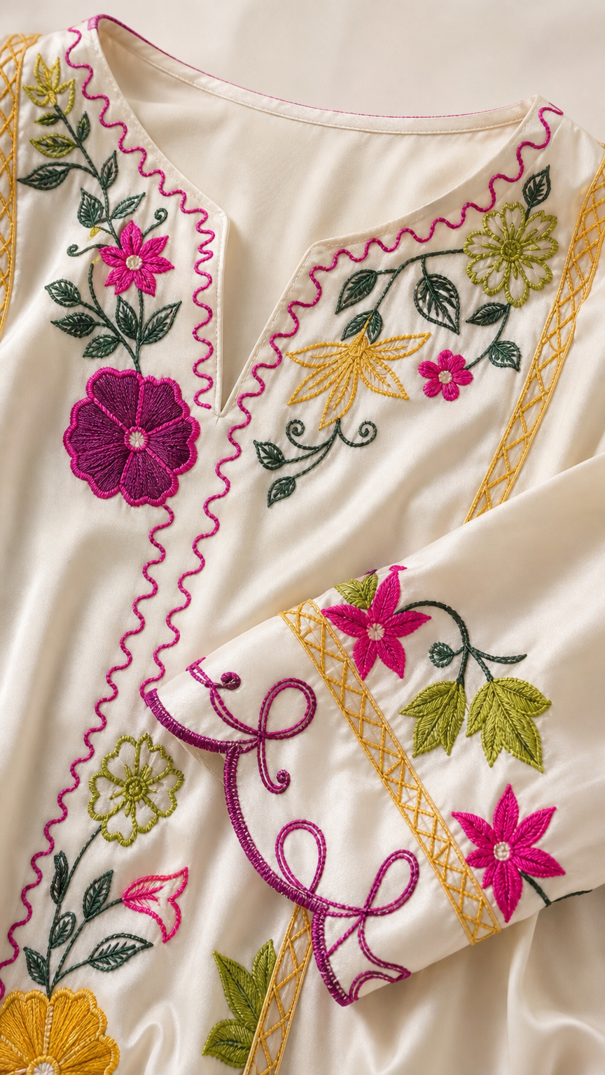 Close-up of neckline and sleeve floral embroidery and gold trim