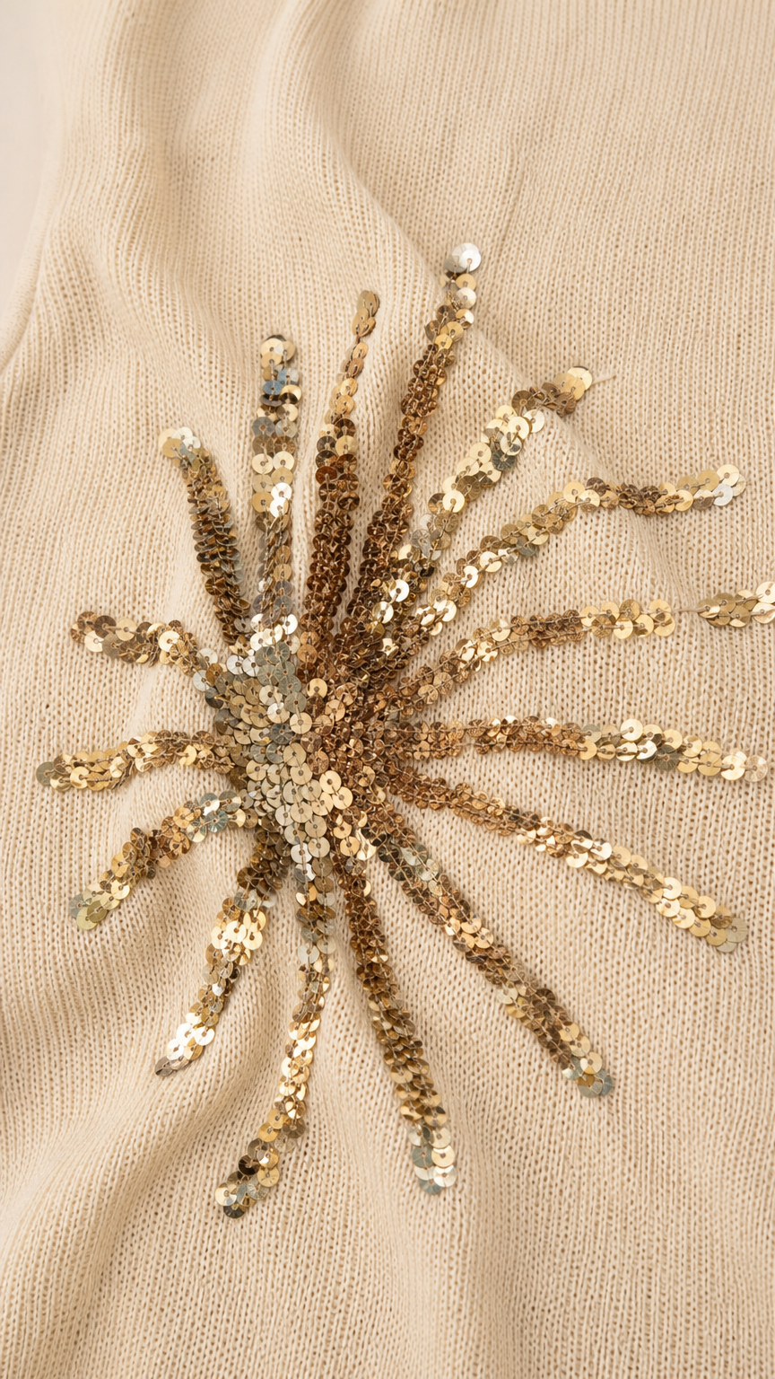Close-up detail of gold sequin sunburst embroidery on fabric