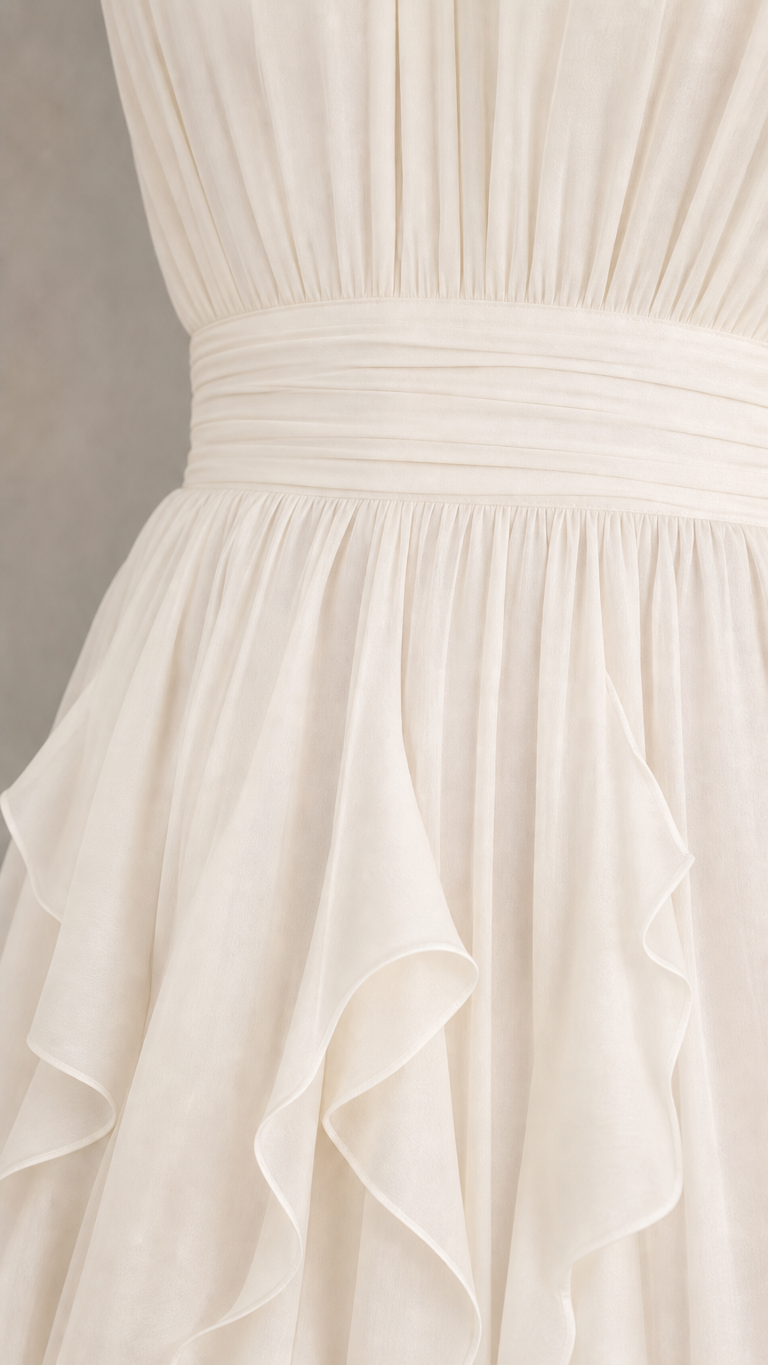 Close-up detail of pleated bodice and cascading ruffle skirt on white maxi dress