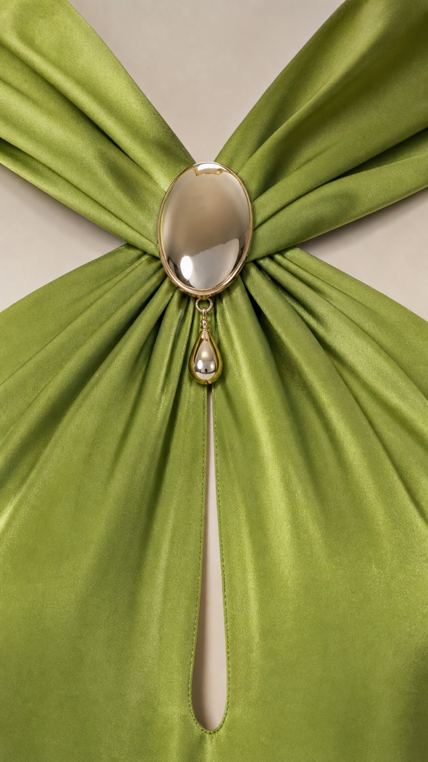 Close-up of gemstone embellished halter neckline and keyhole cutout