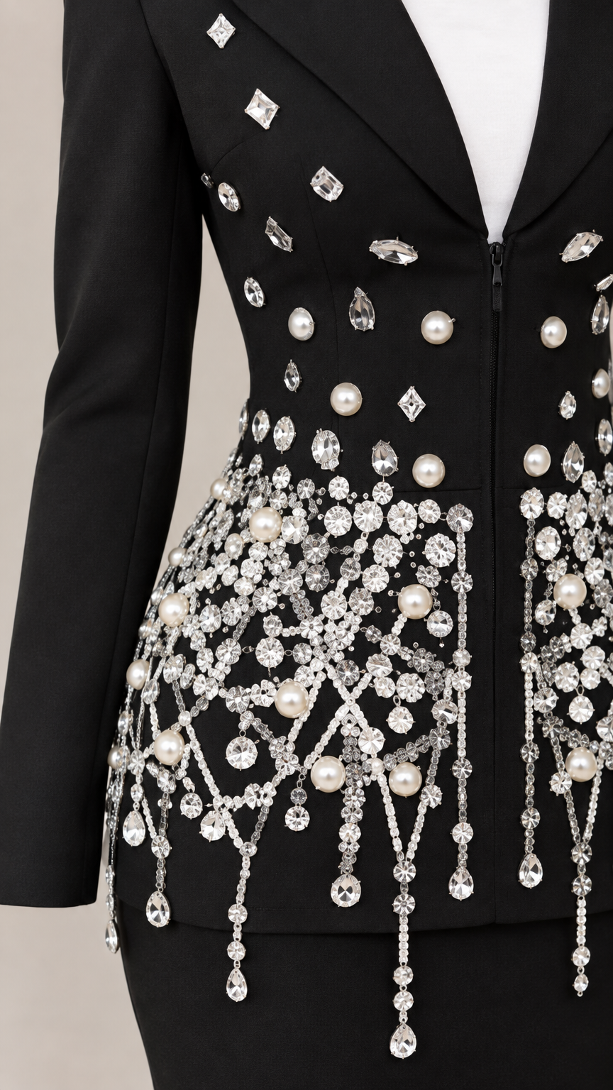 Close-up detail of intricate pearl and crystal beading with hanging fringe on black blazer