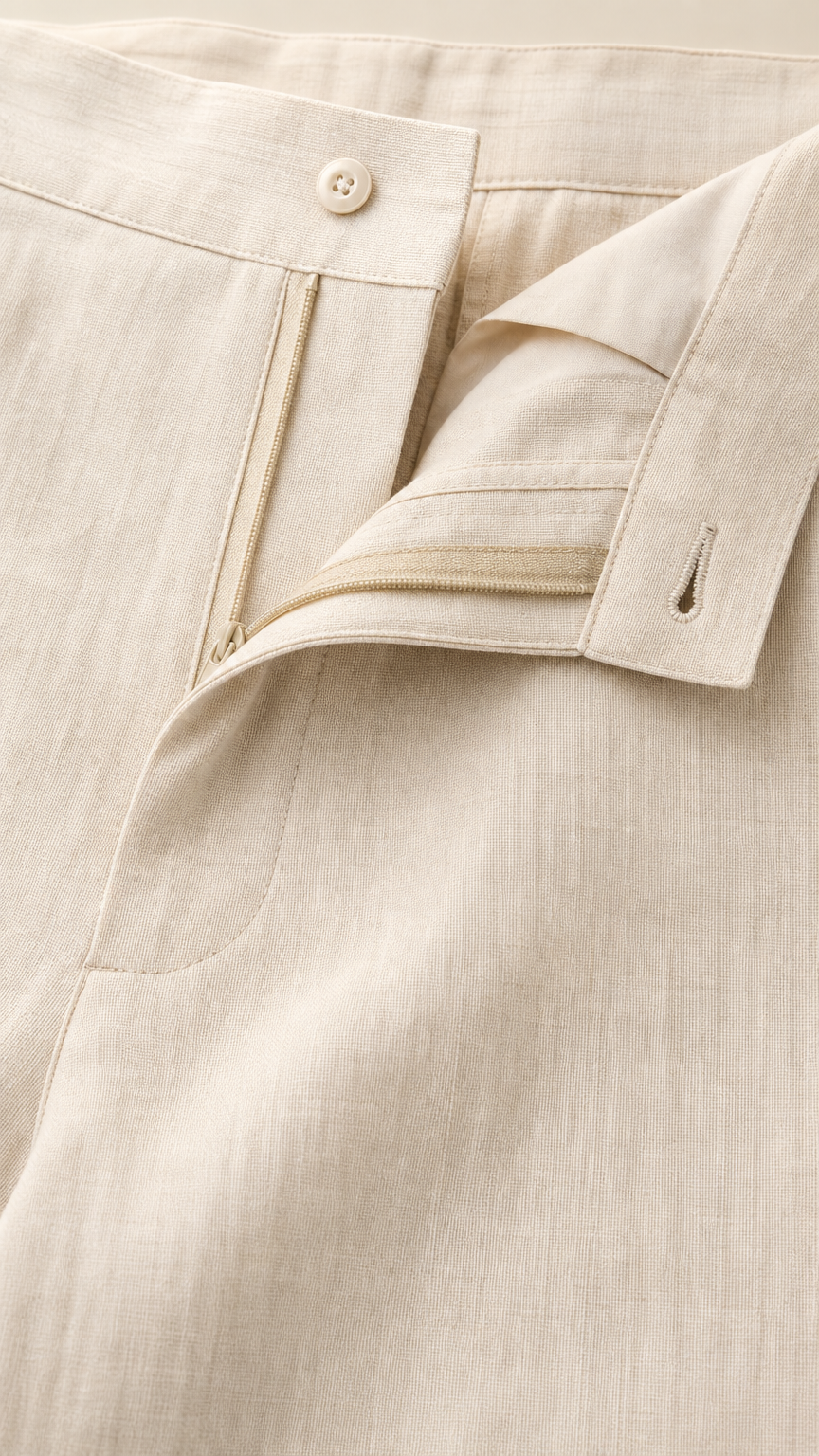 Close-up detail of zipper fly and button waistband on beige jumpsuit