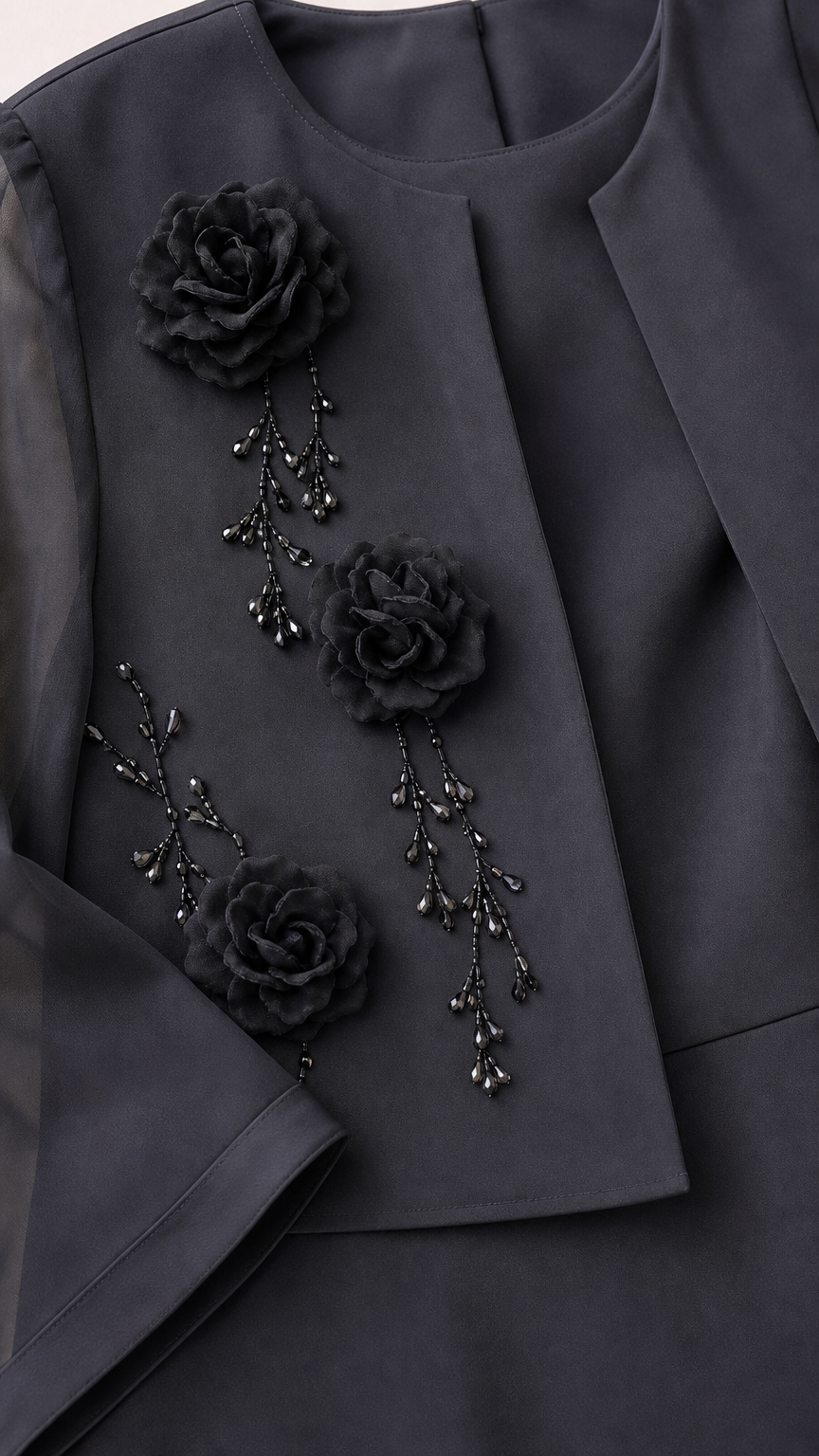 Close-up detail of Charcoal Grey 3D floral rosettes and delicate beaded stem embellishment