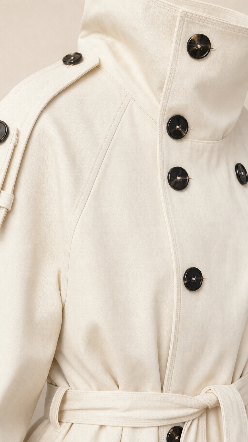 Close-up detail of Cream trench coat high buttoned stand collar and shoulder epaulets