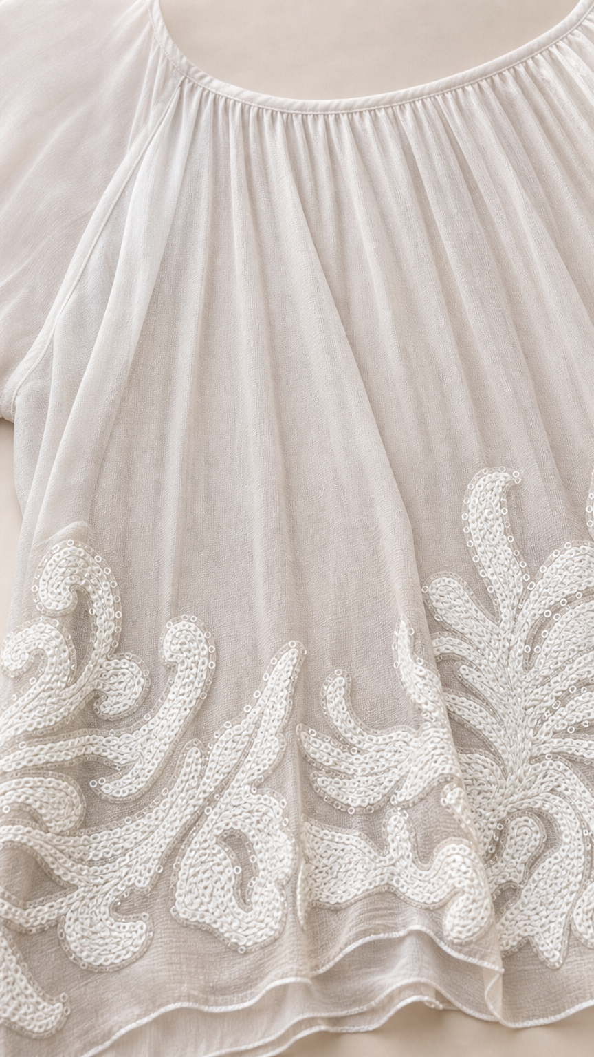 Close up view of intricate white corded embroidery on chiffon hemline