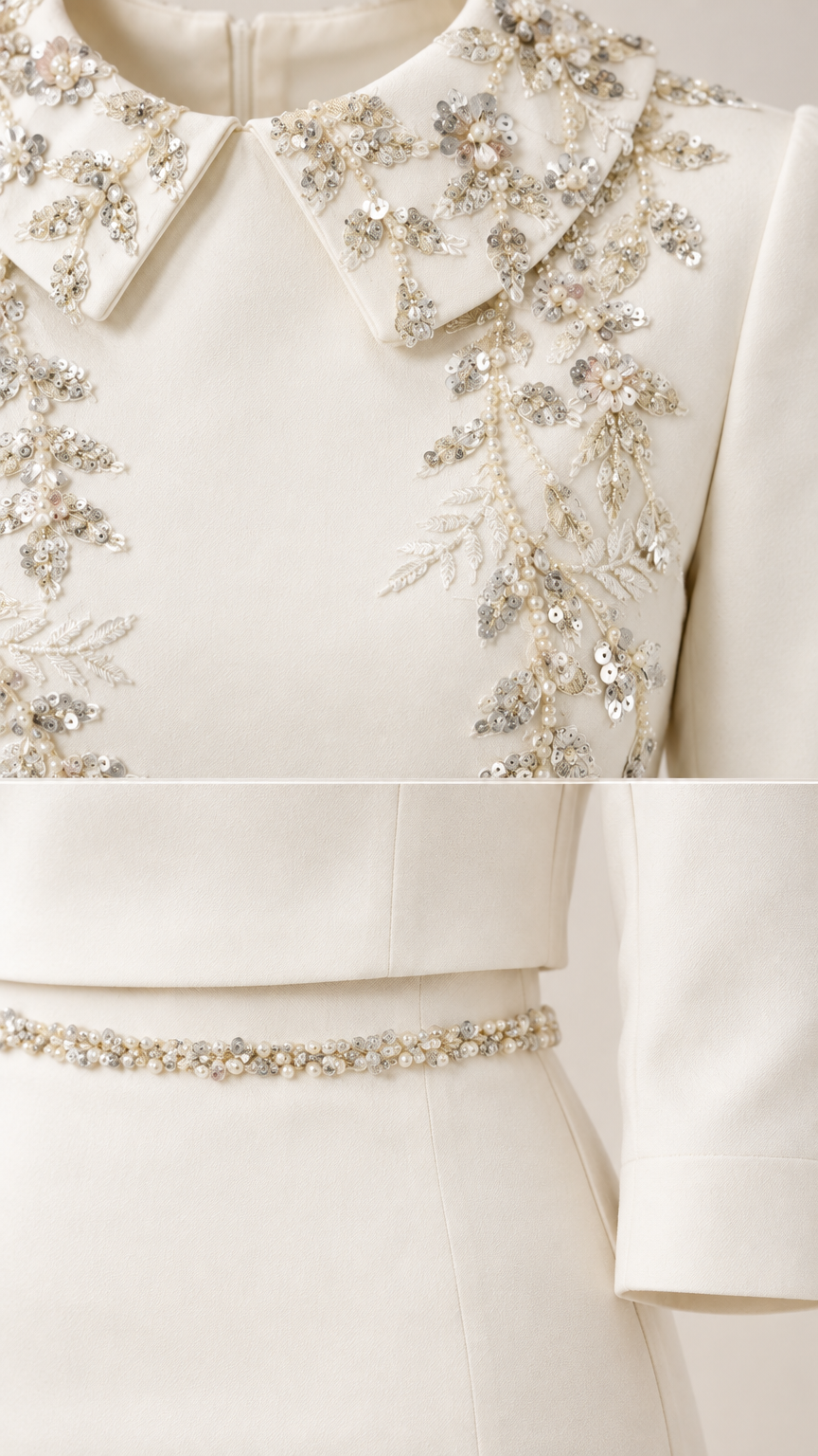 Close-up detail of beaded collar, sequin embroidery, and beaded waistline trim