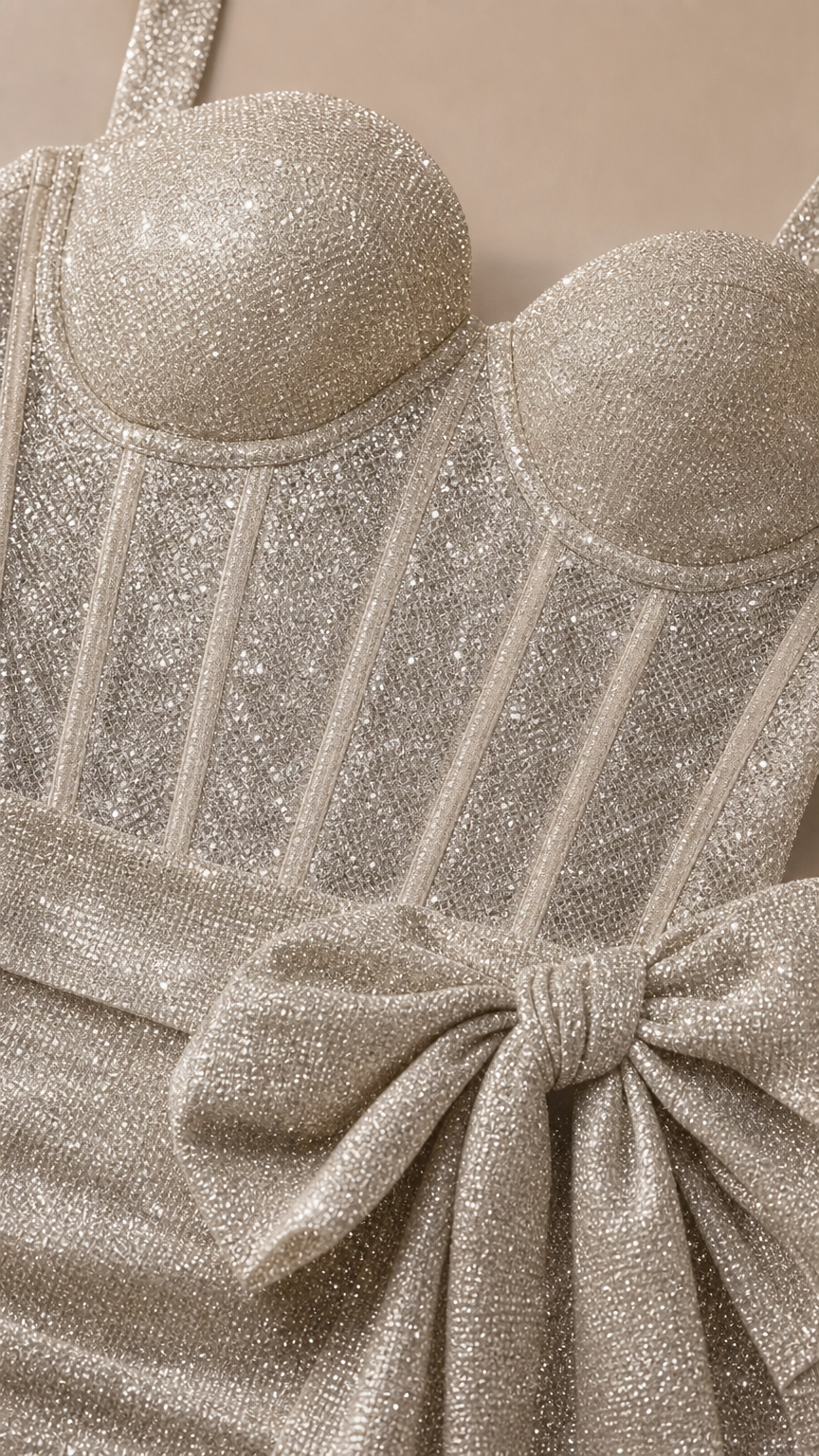 Close-up of textured glitter fabric, structured corset bodice, and side bow detail