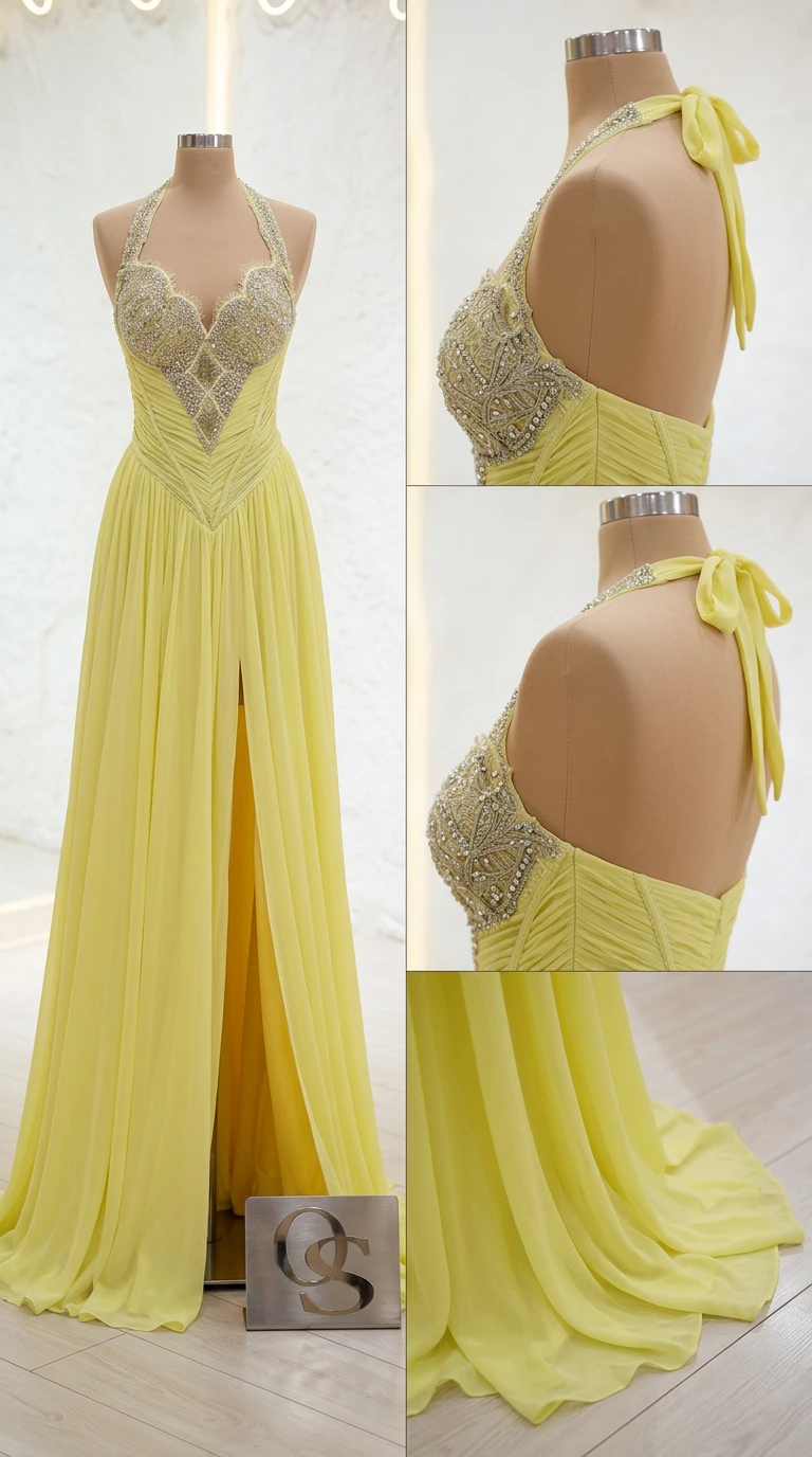 Mannequin detail of yellow embellished halter bodice and side slit