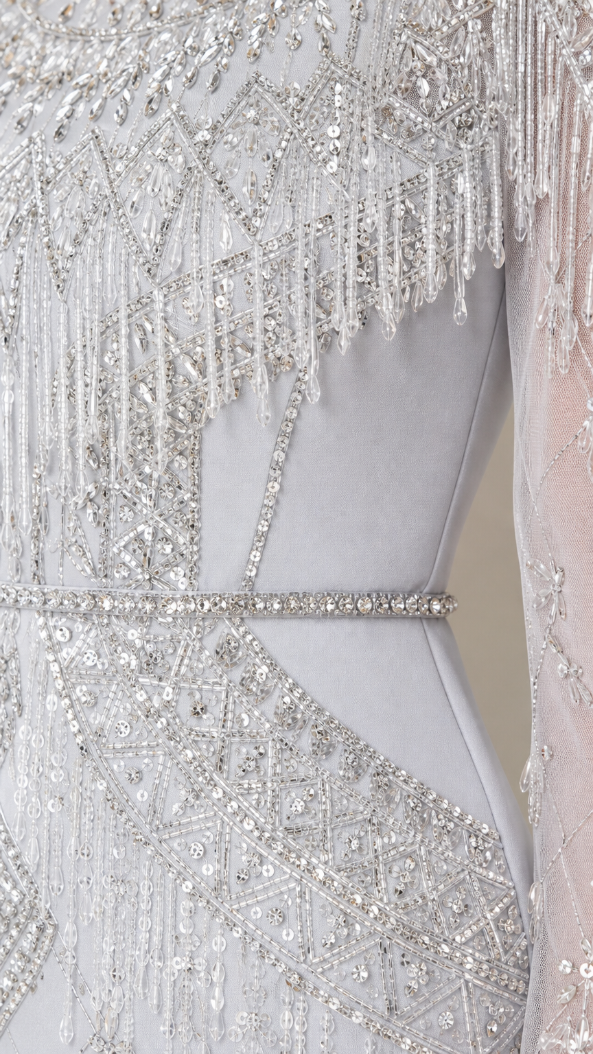 Close-up detail of silver sequin pattern, beaded fringe, and waistline trim