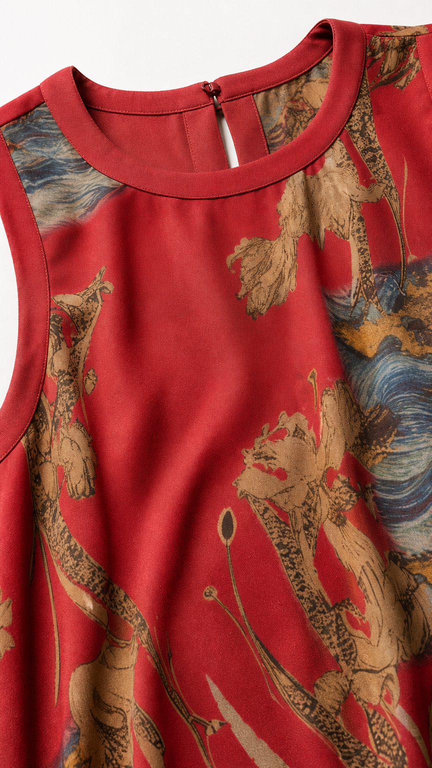 Close-up of crew neckline and artistic print detail with back button keyhole
