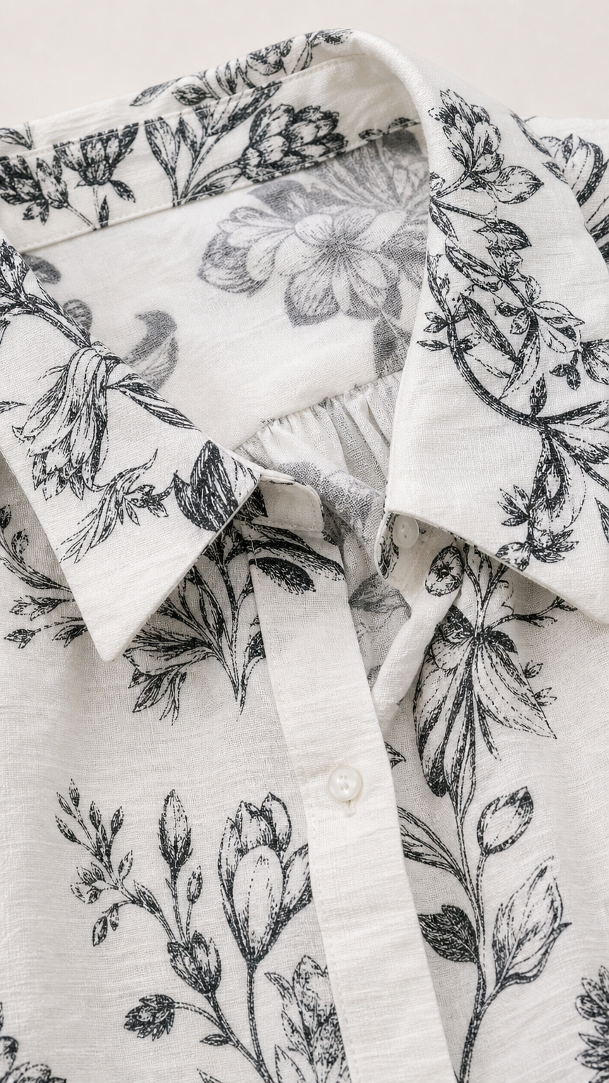 Close-up detail of the collar and floral fabric pattern