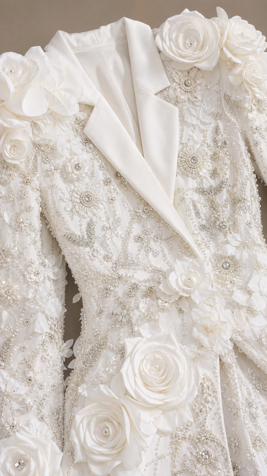 Closeup detail of 3D rosettes and beadwork on white blazer dress