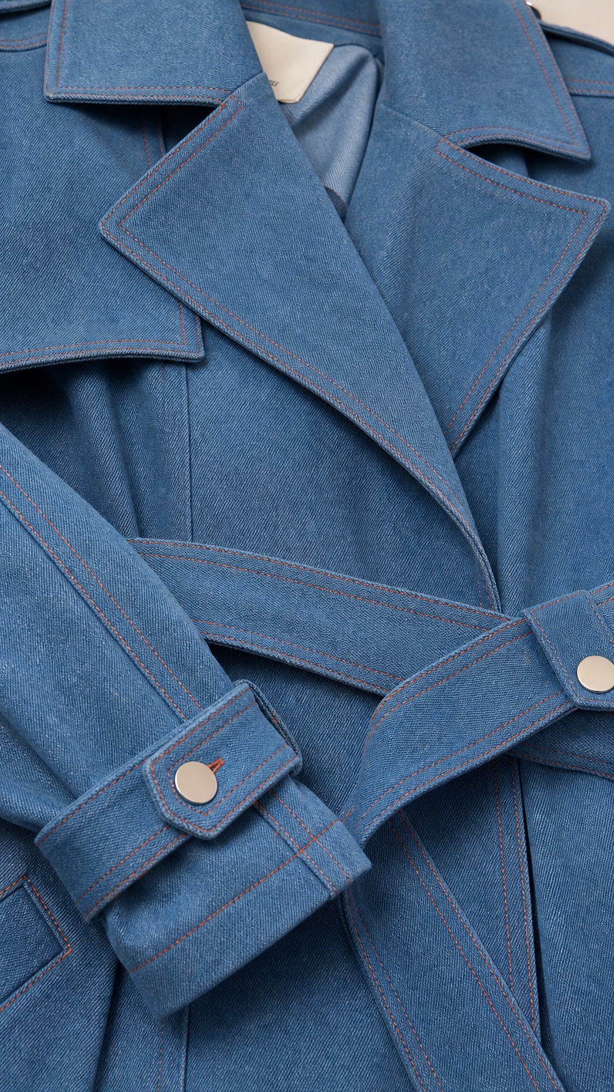 Close-up detail of Denim Blue jacket lapel, fabric weave, cuff tab, and contrast stitching