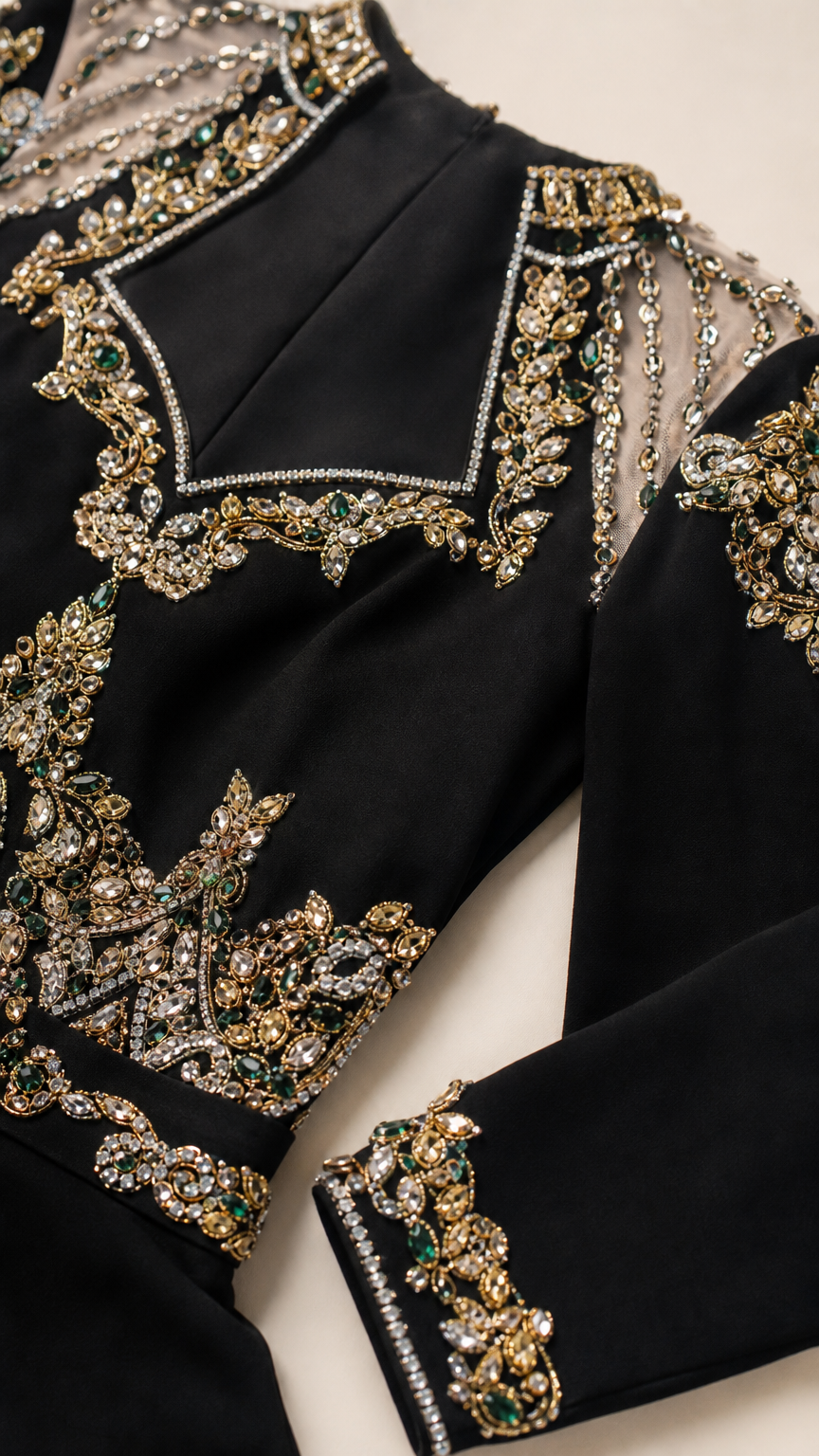 Close-up of intricate gold embroidery and gemstone beading detail