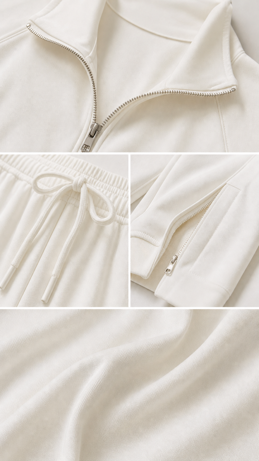 Close-up details of off-white tracksuit zipper, drawstring waistband, and soft fabric texture