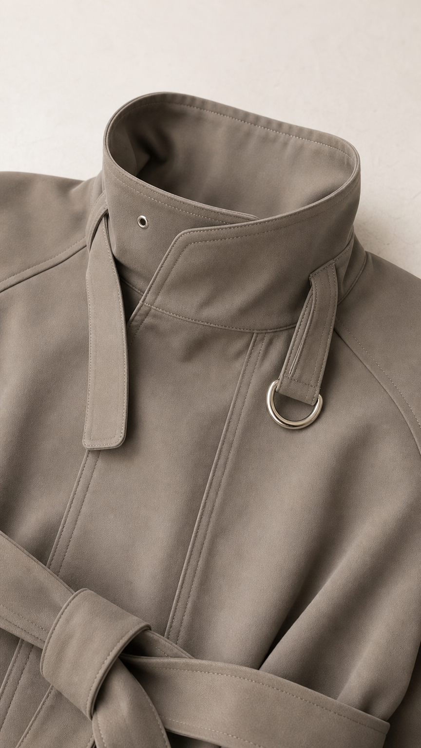 Close-up detail of the stand collar with metal D-ring buckle strap on taupe fabric