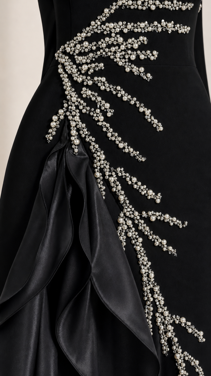 Close-up detail of pearl and crystal branch beadwork and cascading satin ruffles