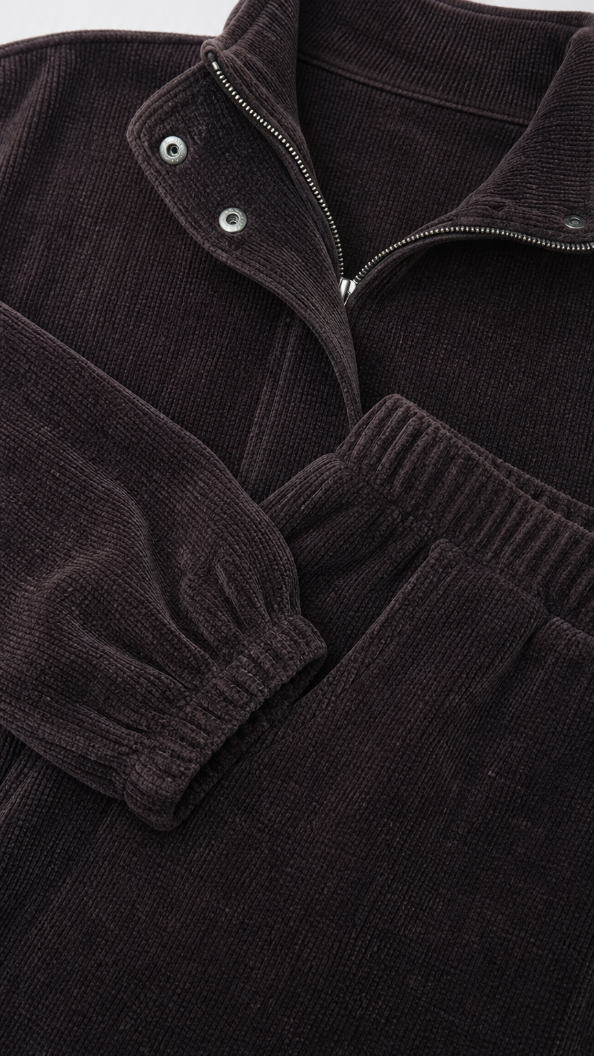 Close-up detail of Black ribbed corduroy texture, metal zipper, snap buttons, and elastic cuff