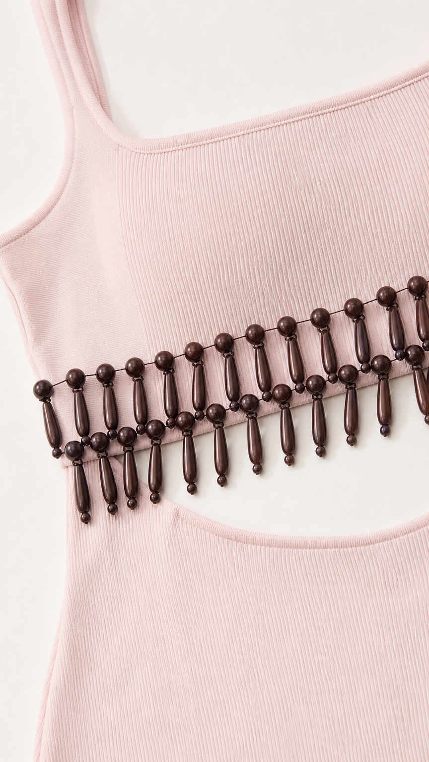 Close-up detail of scoop neck and wooden beaded waist fringe
