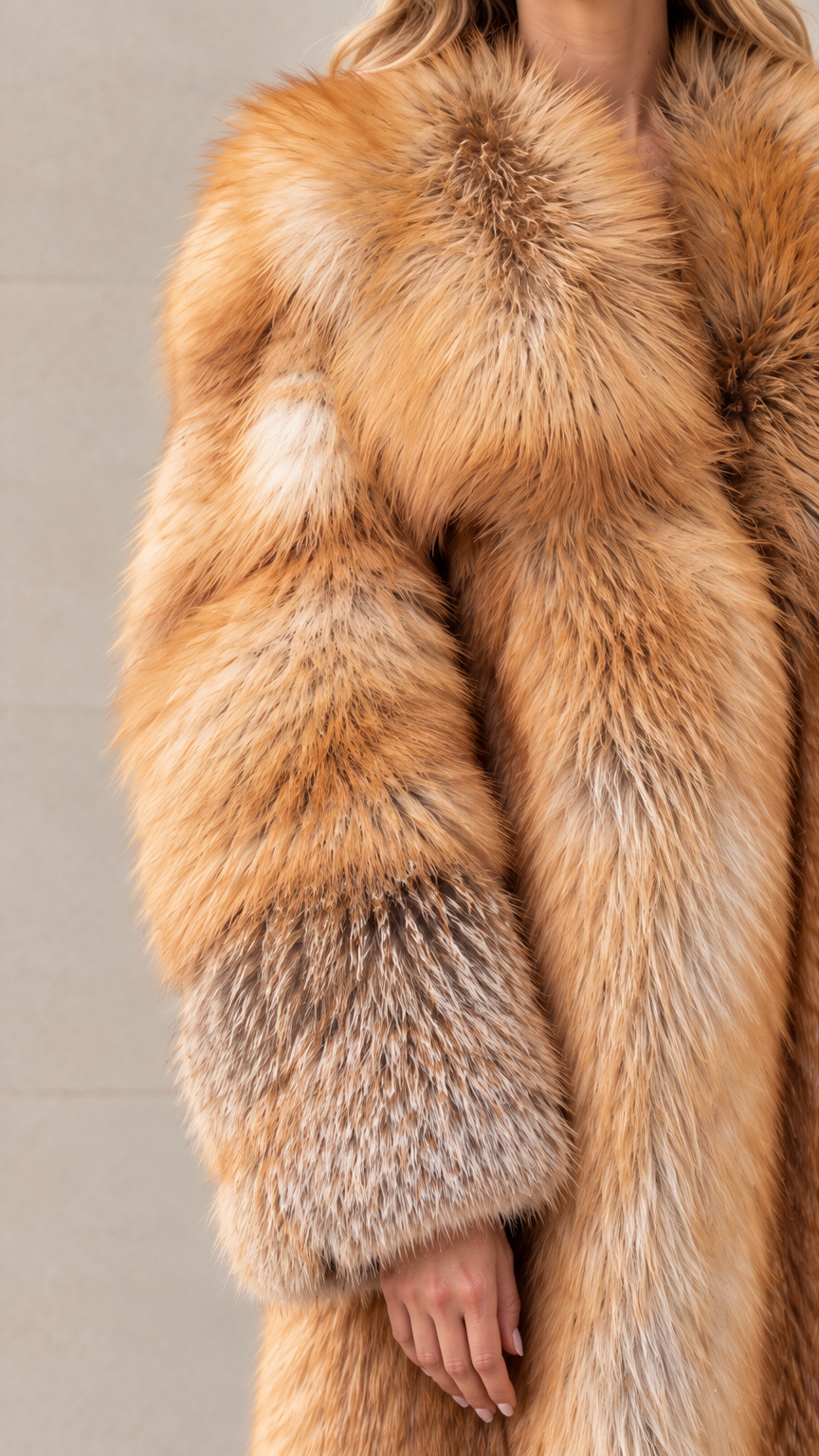 Close-up detail of plush honey brown faux fur texture and wide cuff sleeve