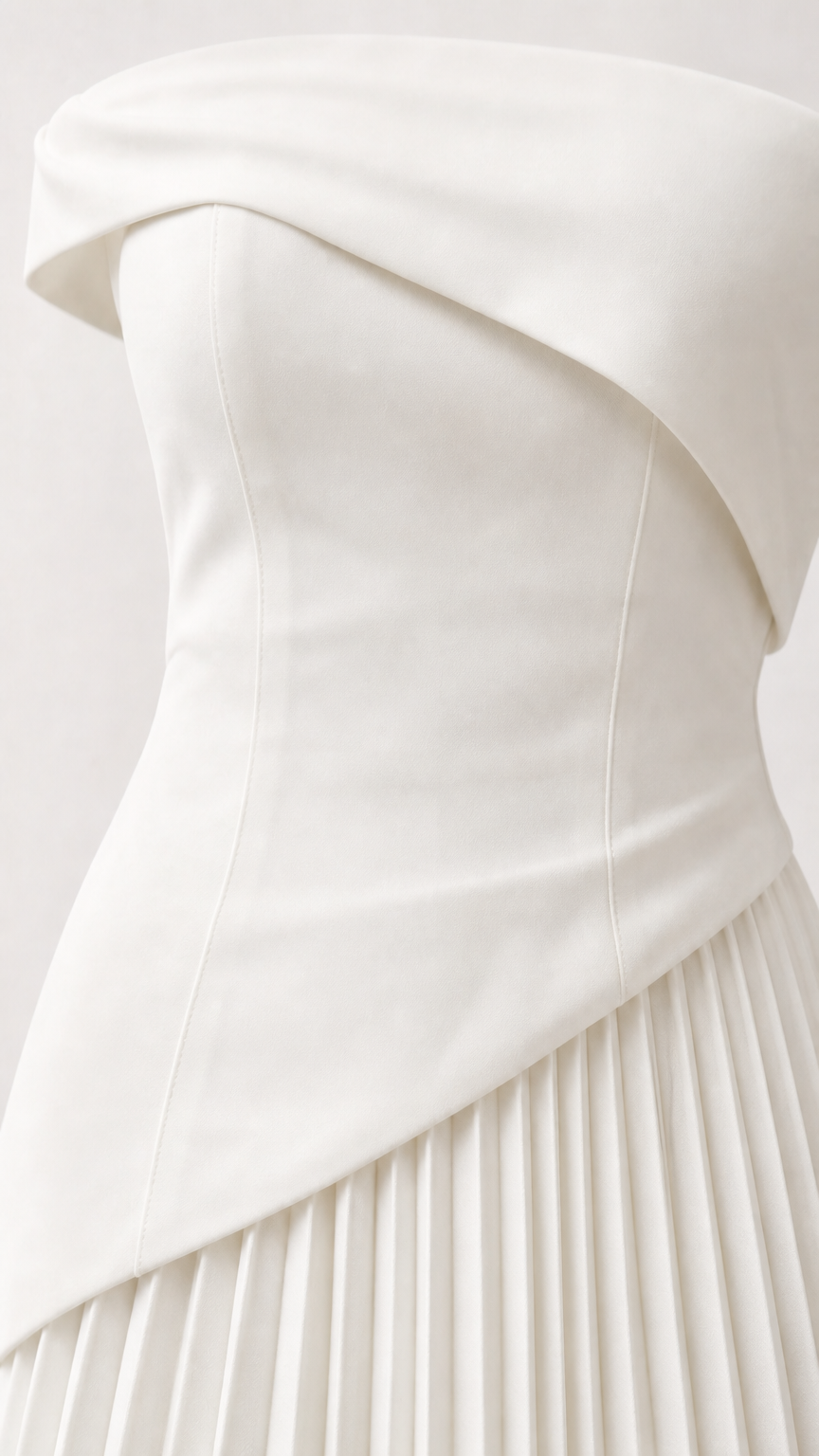 Close-up detail of white structured asymmetric bodice