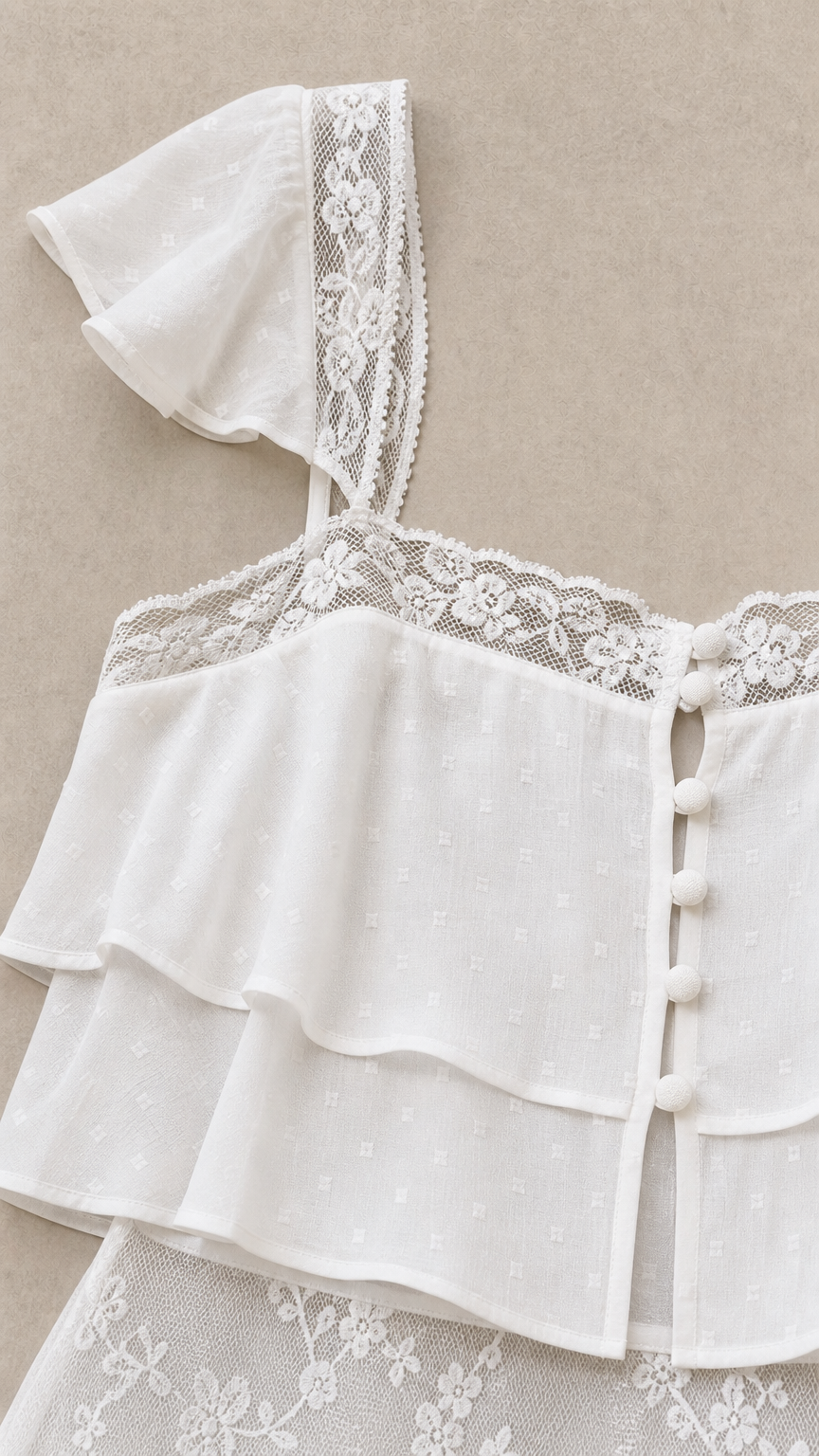 Close-up detail of white lace trim and button-up crop top