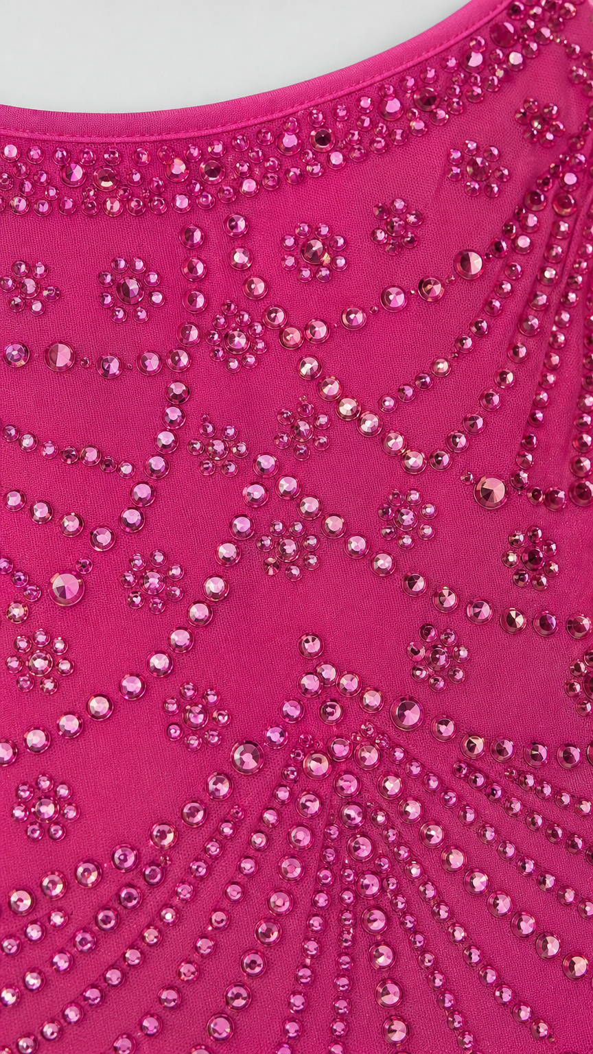 Close-up detail of rhinestone and bead pattern on hot pink fabric
