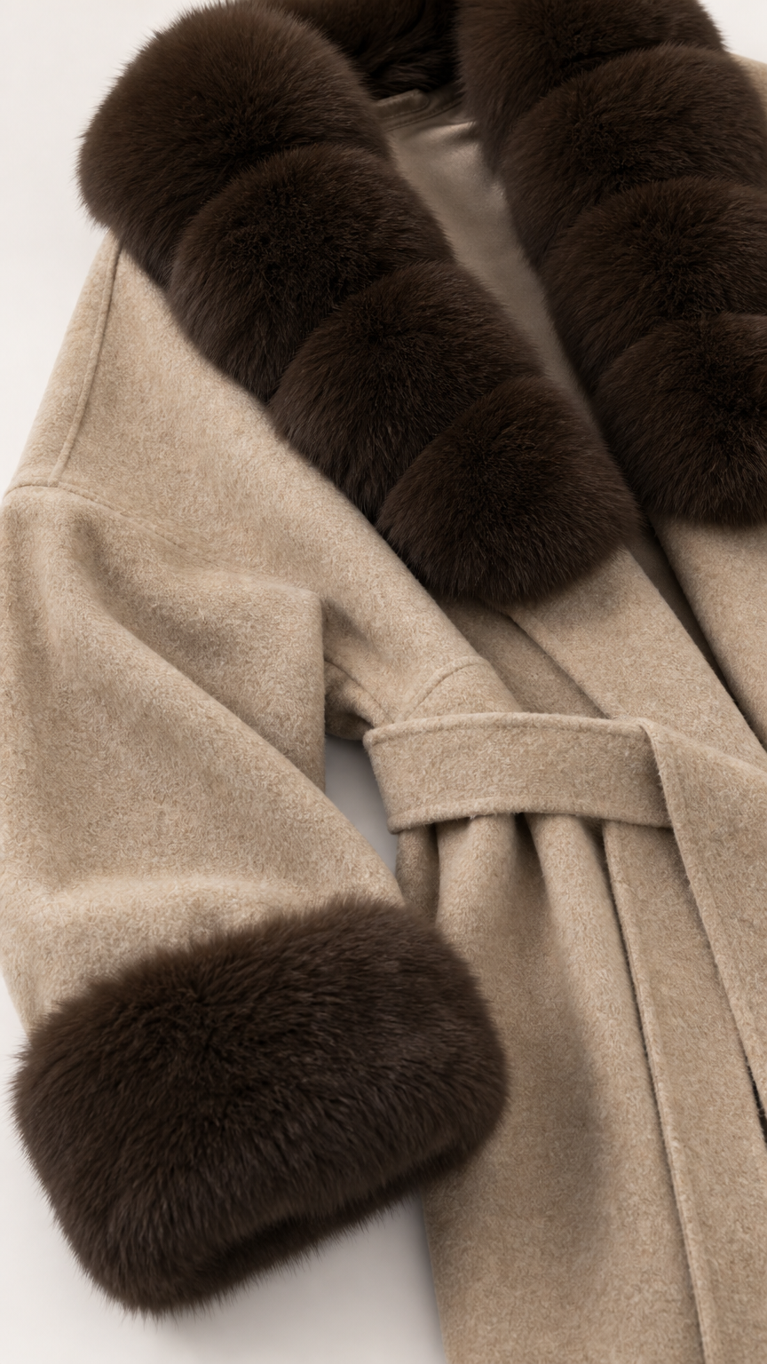 Close-up detail of beige wool coat fabric and dark brown plush faux fur collar and cuff