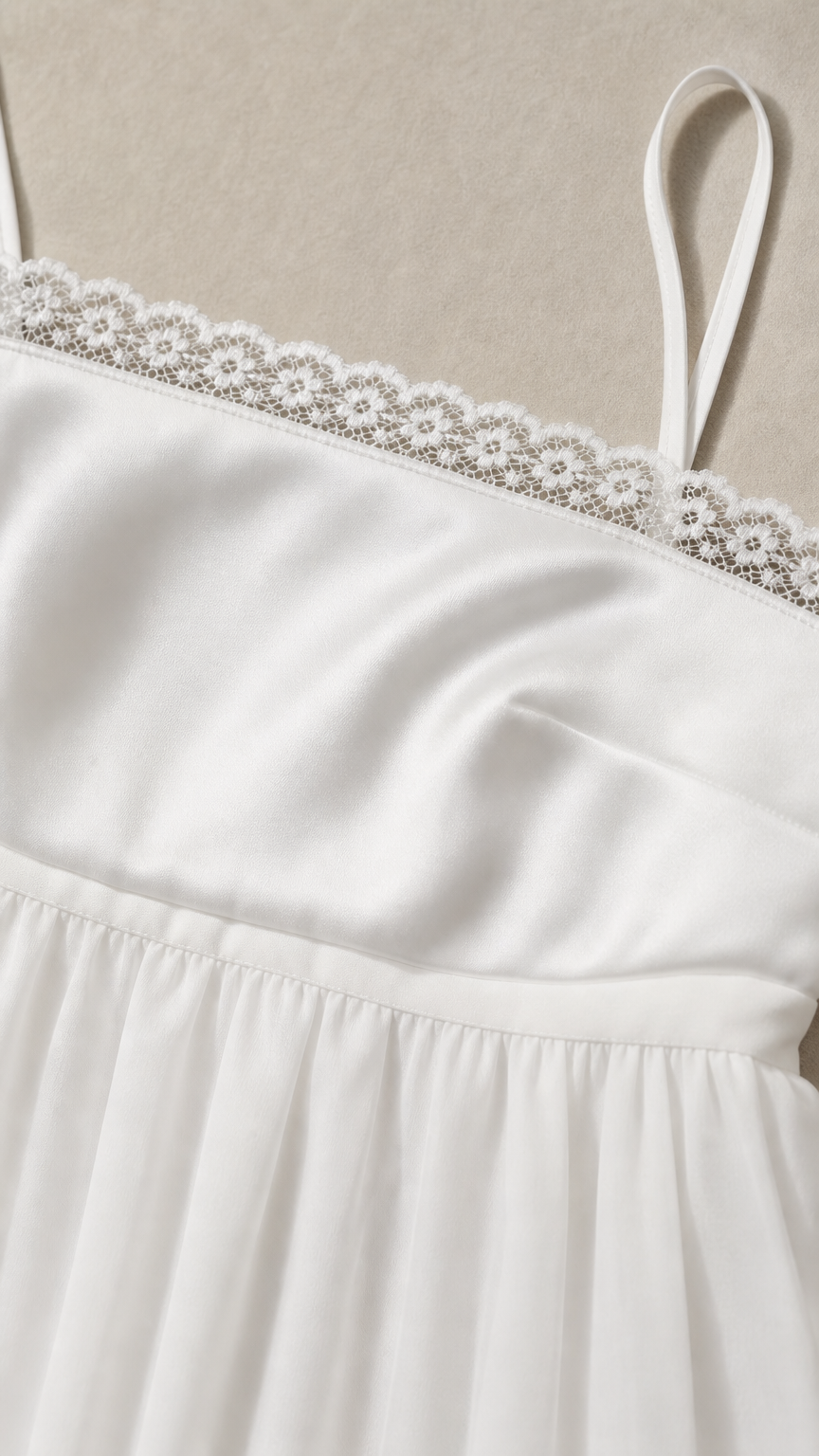Close-up detail of white fabric and lace trim bodice