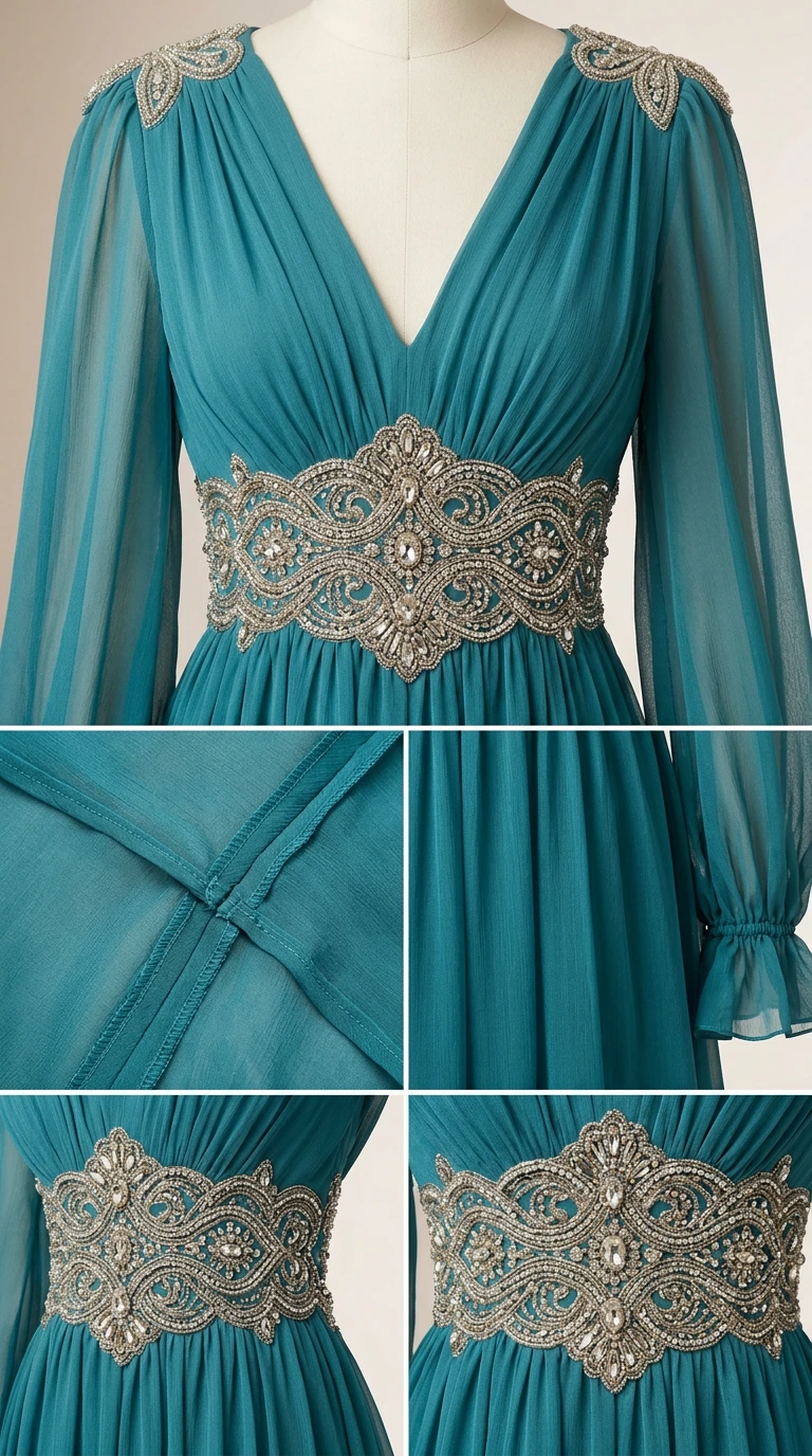 Close-up details of pleated bodice, sheer fabric seams, and intricate beaded waist embellishment