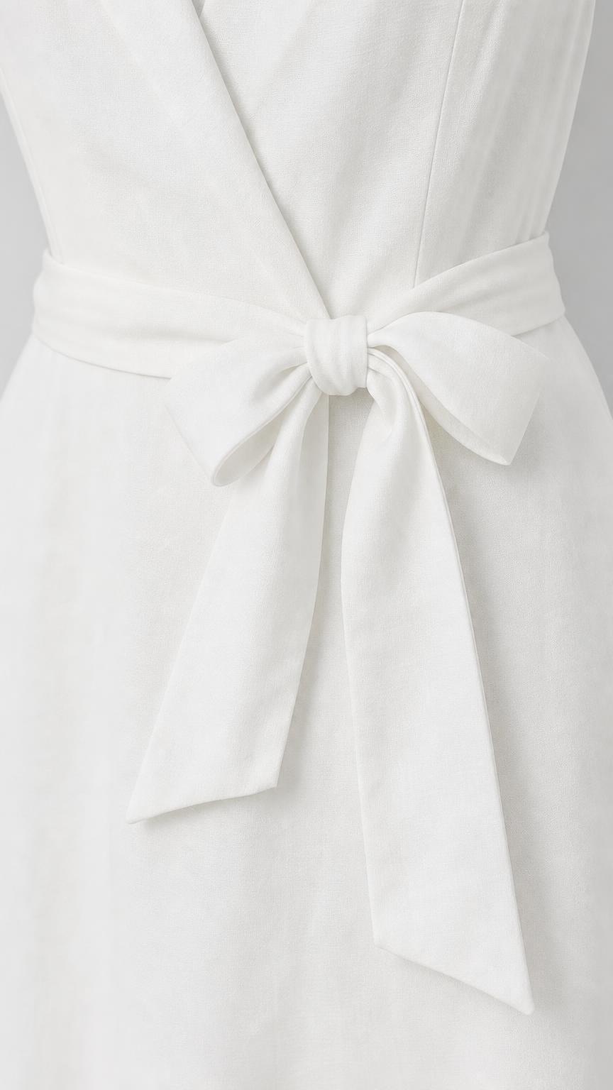 Close-up detail of self-tie bow belt on white dress
