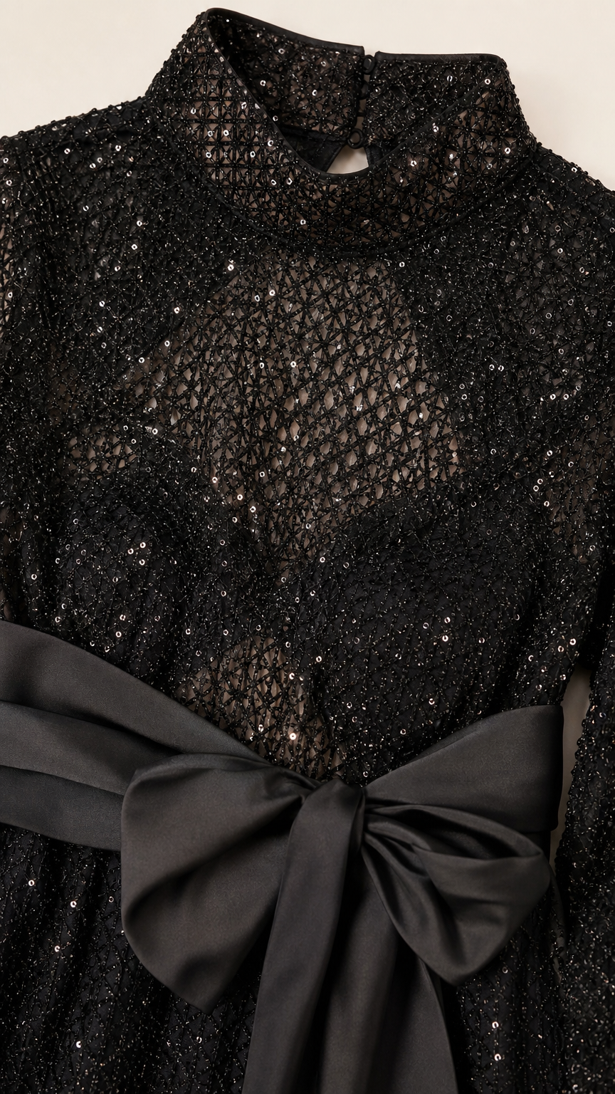 Close-up detail of mock neck, sequin mesh texture, and satin bow