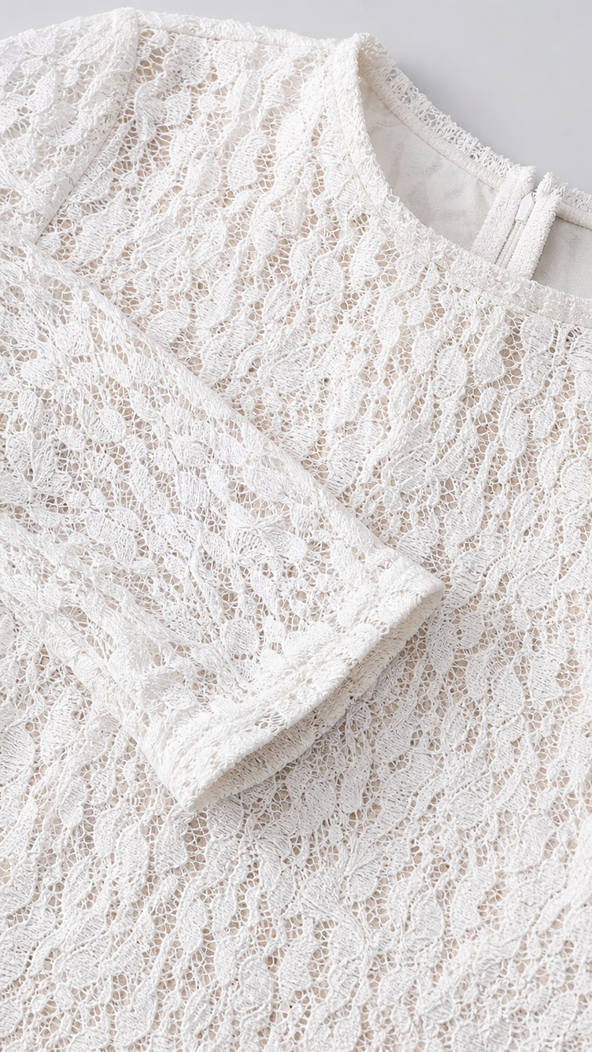 Close-up detail of textured white floral lace fabric and collar