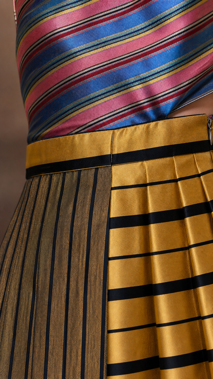 Close-up detail of stripe pattern and pleated skirt