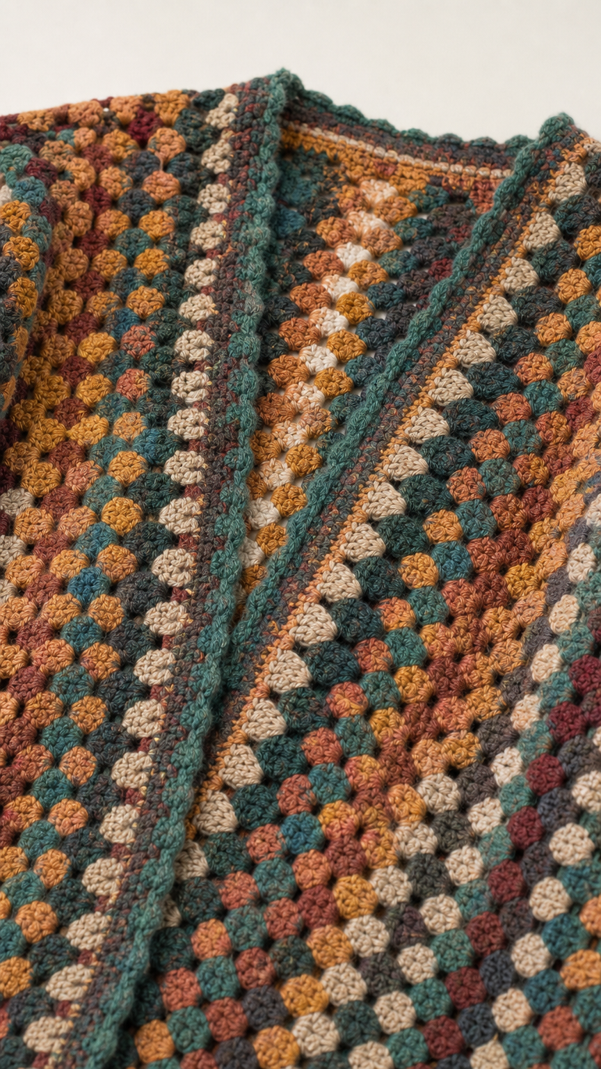 Close-up detail of textured multi-color crochet knit stitches and border