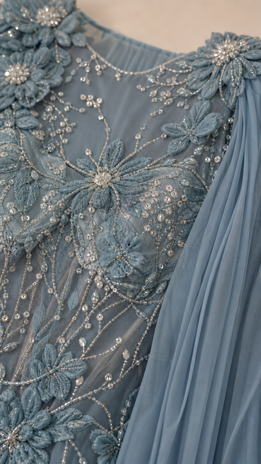 Close-up of intricate 3D floral beadwork and sheer illusion fabric on dusty blue gown
