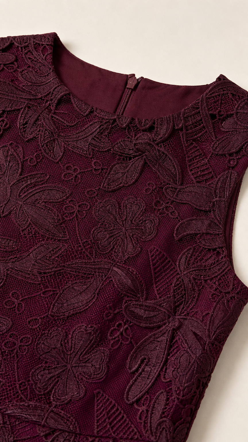 Close-up detail of burgundy floral embroidered lace neckline
