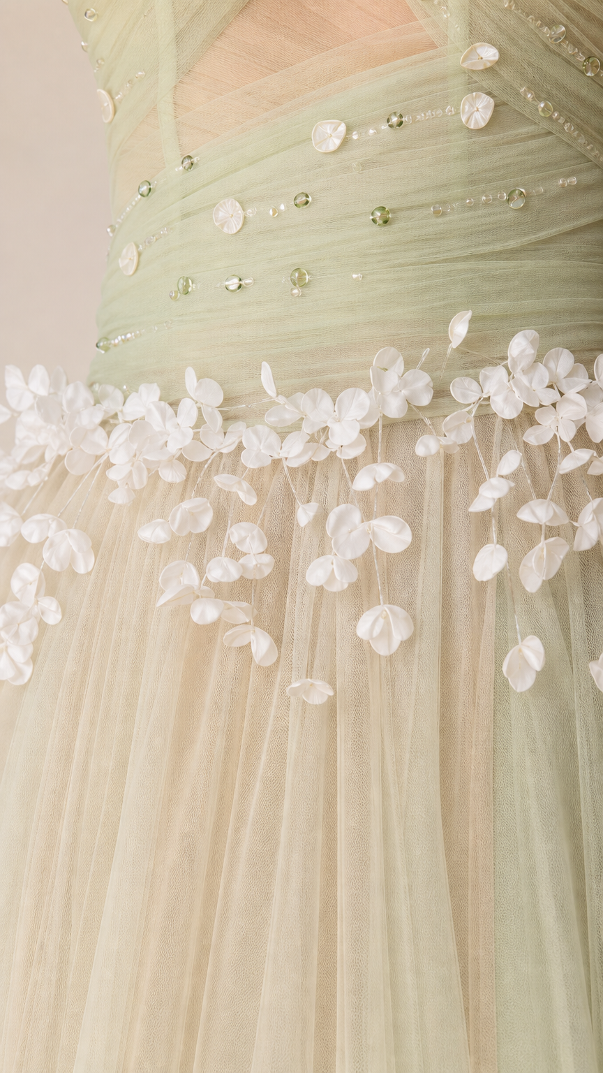 Close-up detail of sage green bodice showing beaded embellishment and delicate 3D floral appliqués