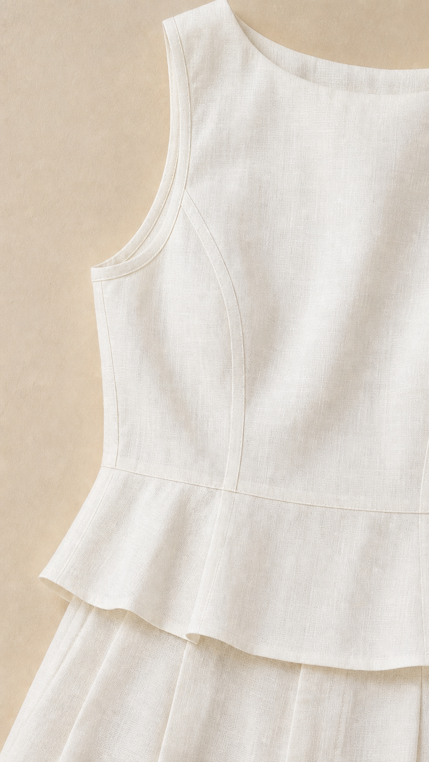 Close-up detail of white sleeveless peplum top texture and seams