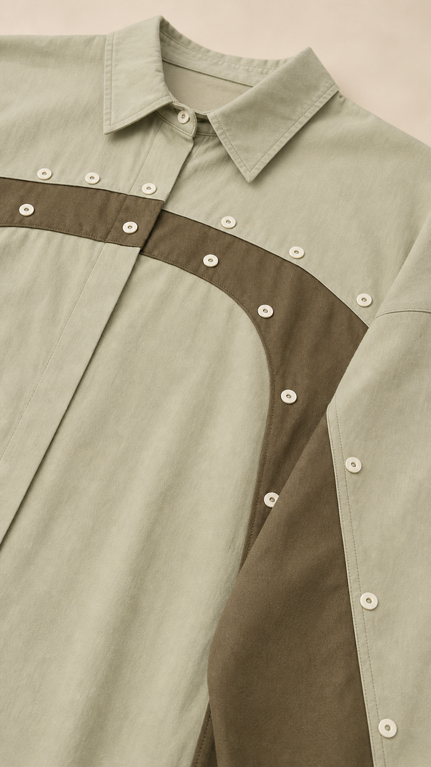 Close-up detail of collar and button trim on Sage Green shirt dress