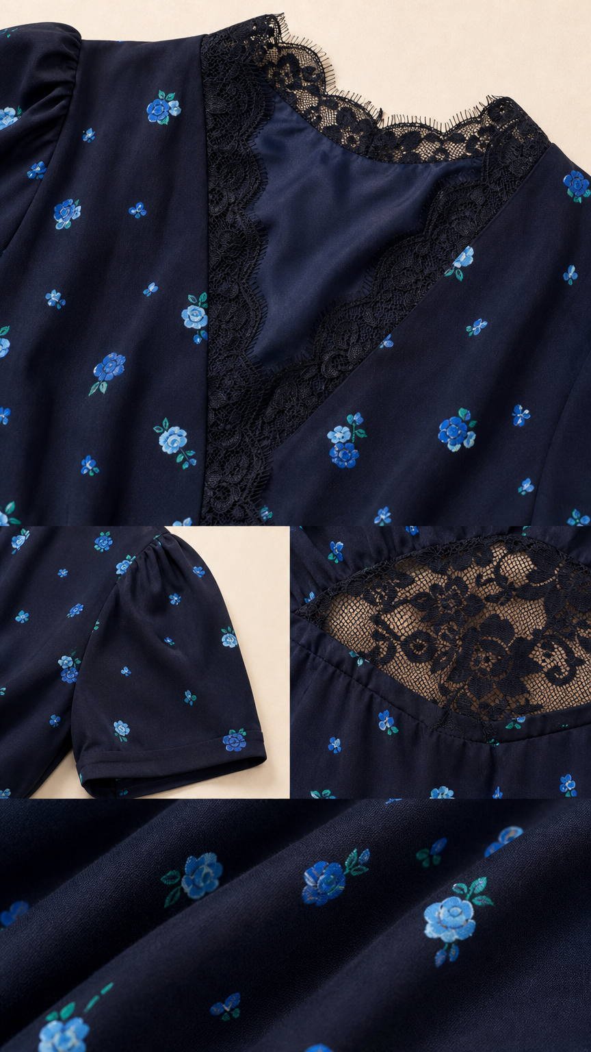 Close-up detail of eyelash lace V-neckline and waist cutout on floral dress