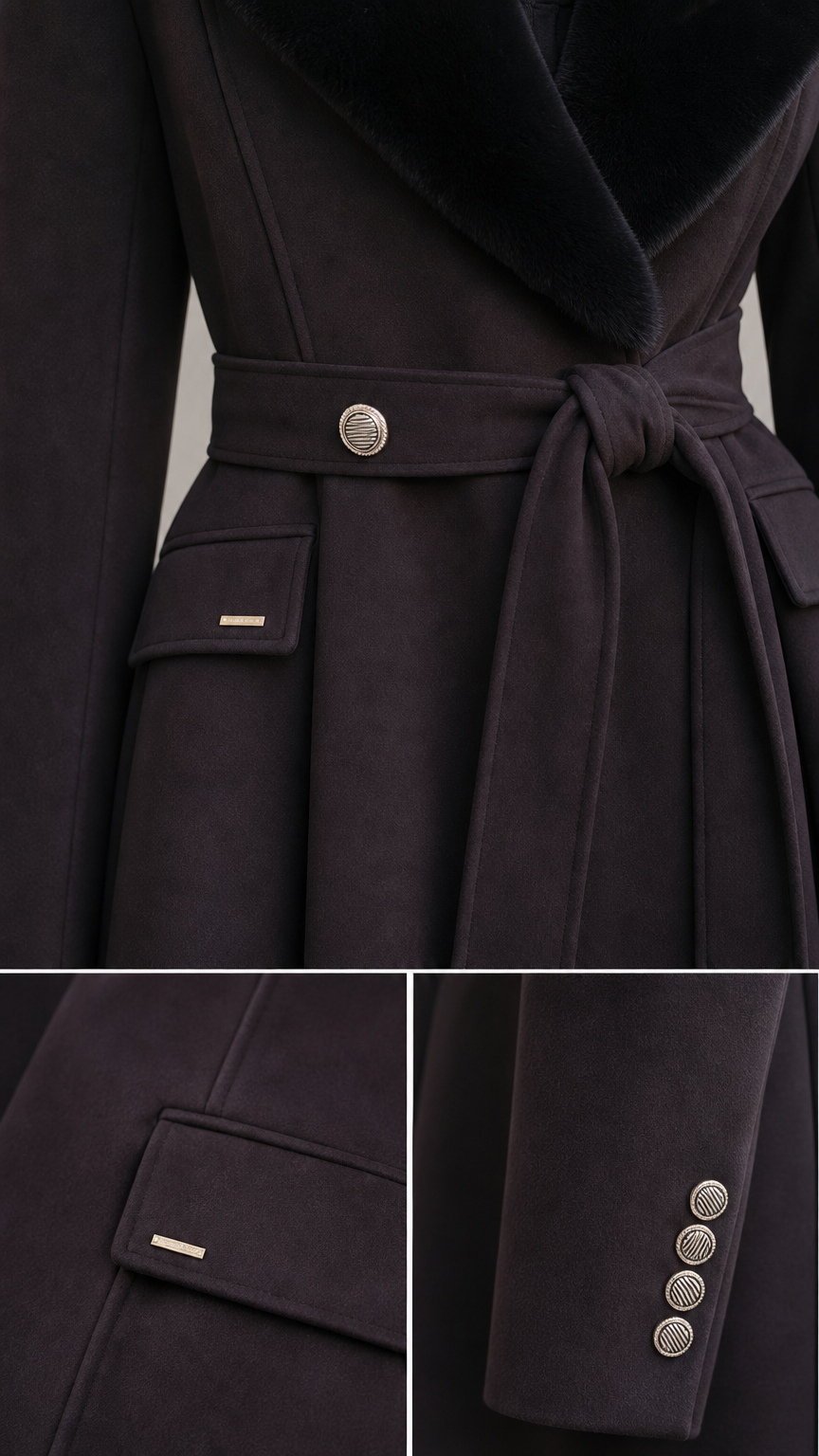 Close-up details of coat fabric, waist button, pocket flap trim, and buttoned sleeve cuffs