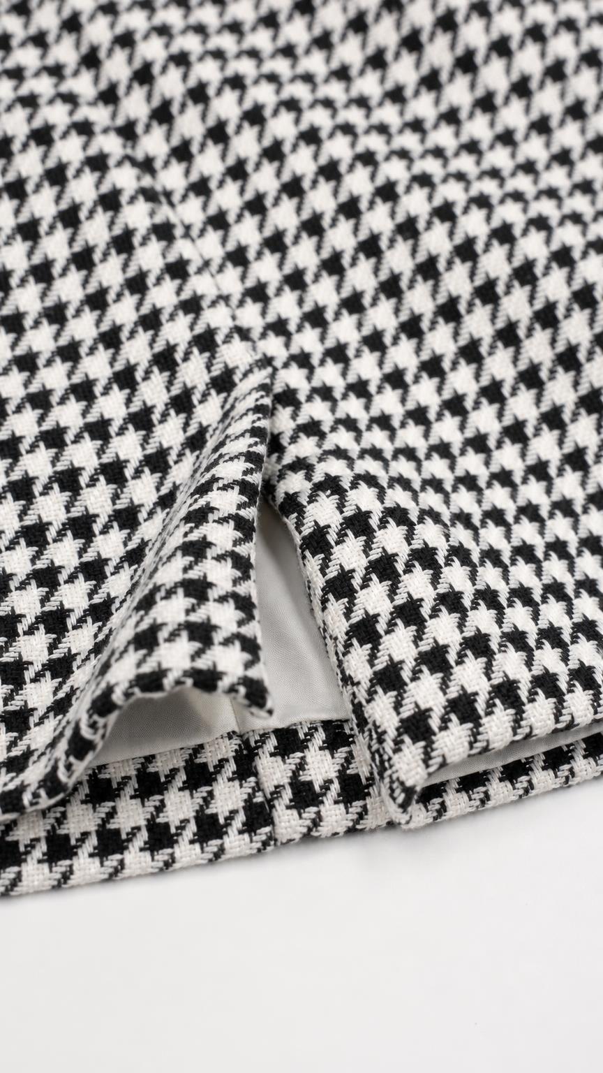 Close-up of black houndstooth fabric and hem detail