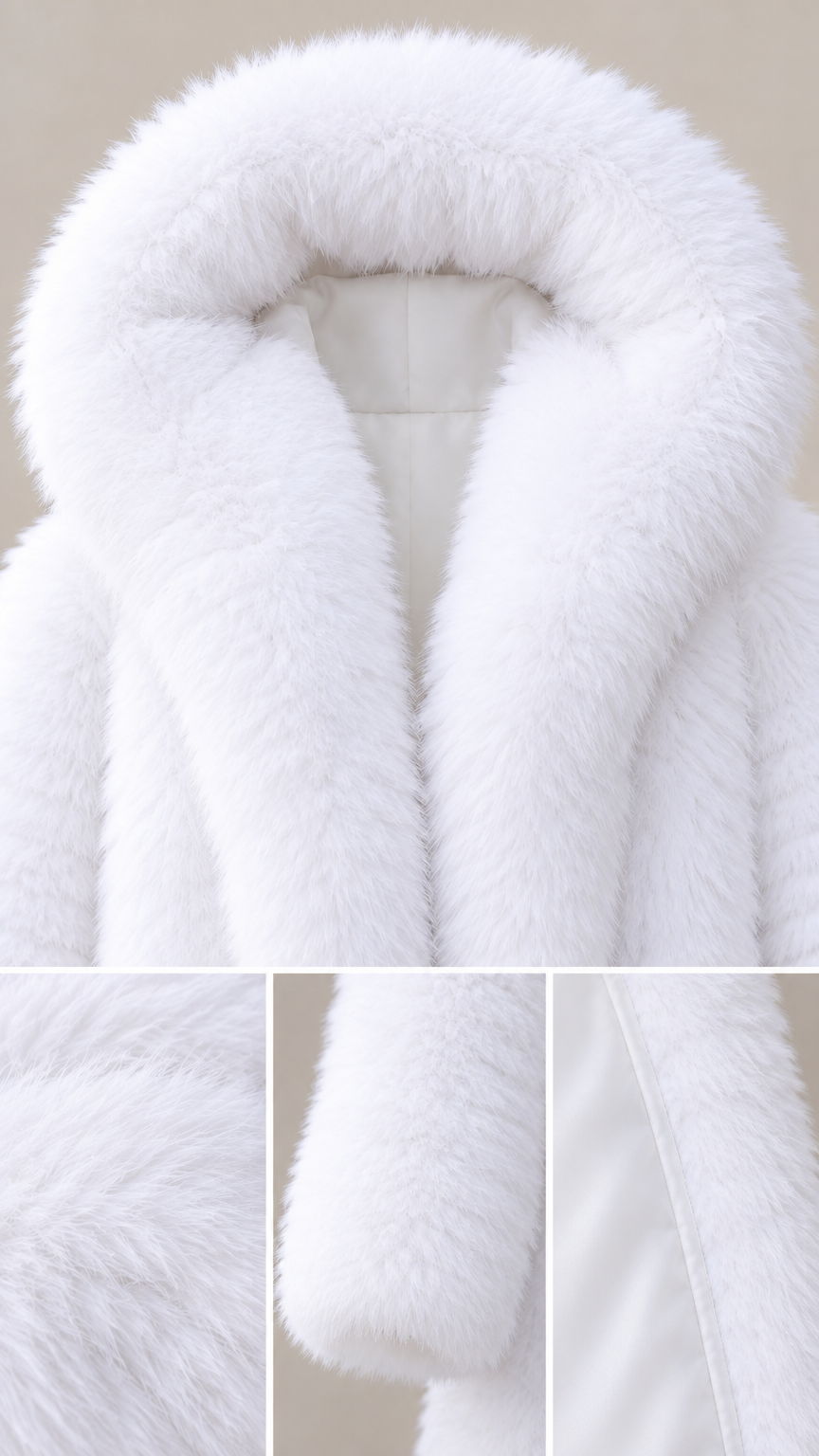 Close-up details of plush white faux fur texture hood and lining